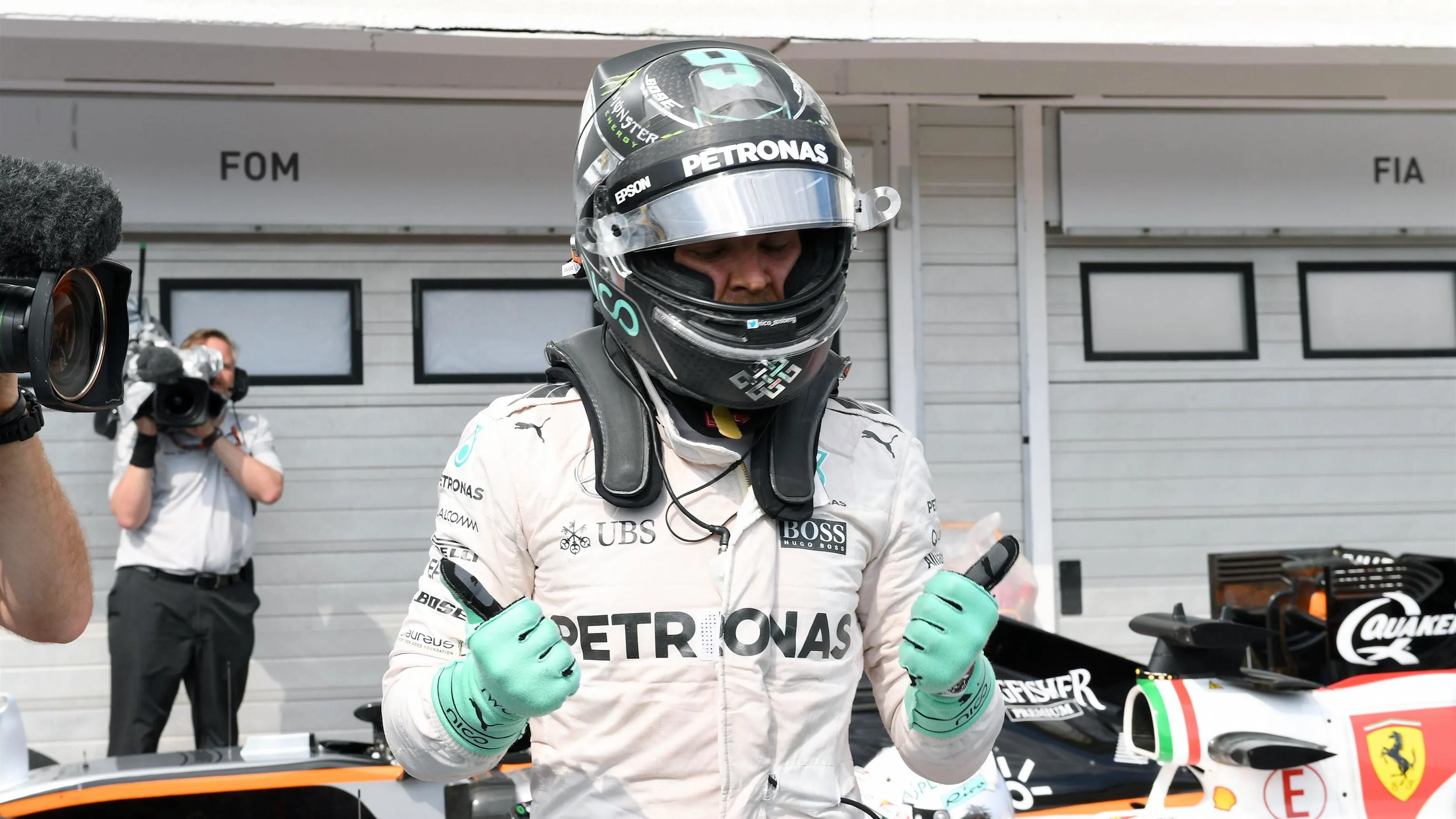 Pole sitter Nico Rosberg (GER) Mercedes AMG F1 celebrates in parc ferme  in parc ferme at Formula