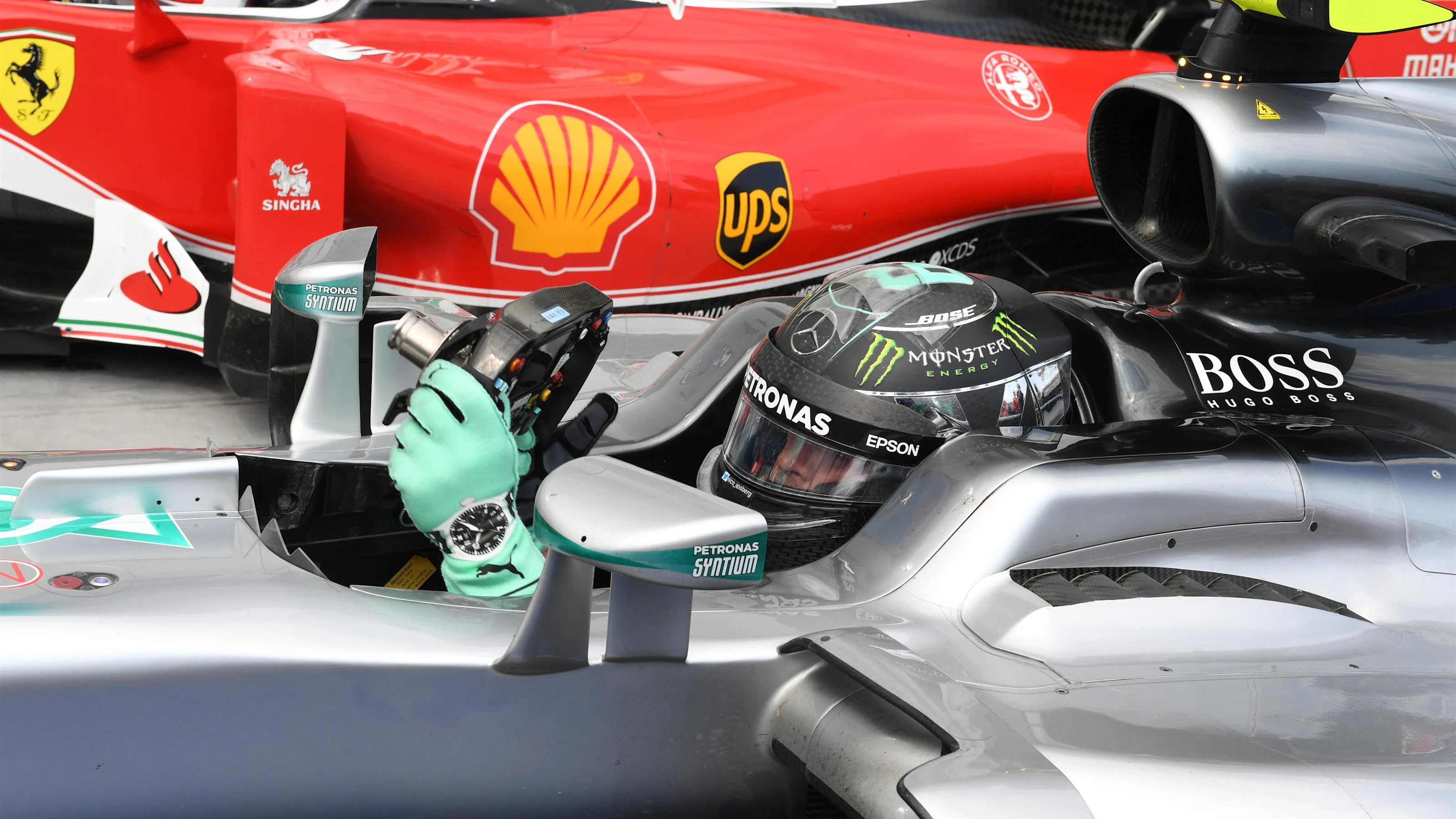 Pole sitter Nico Rosberg (GER) Mercedes-Benz F1 W07 Hybrid in parc ferme at Formula One World