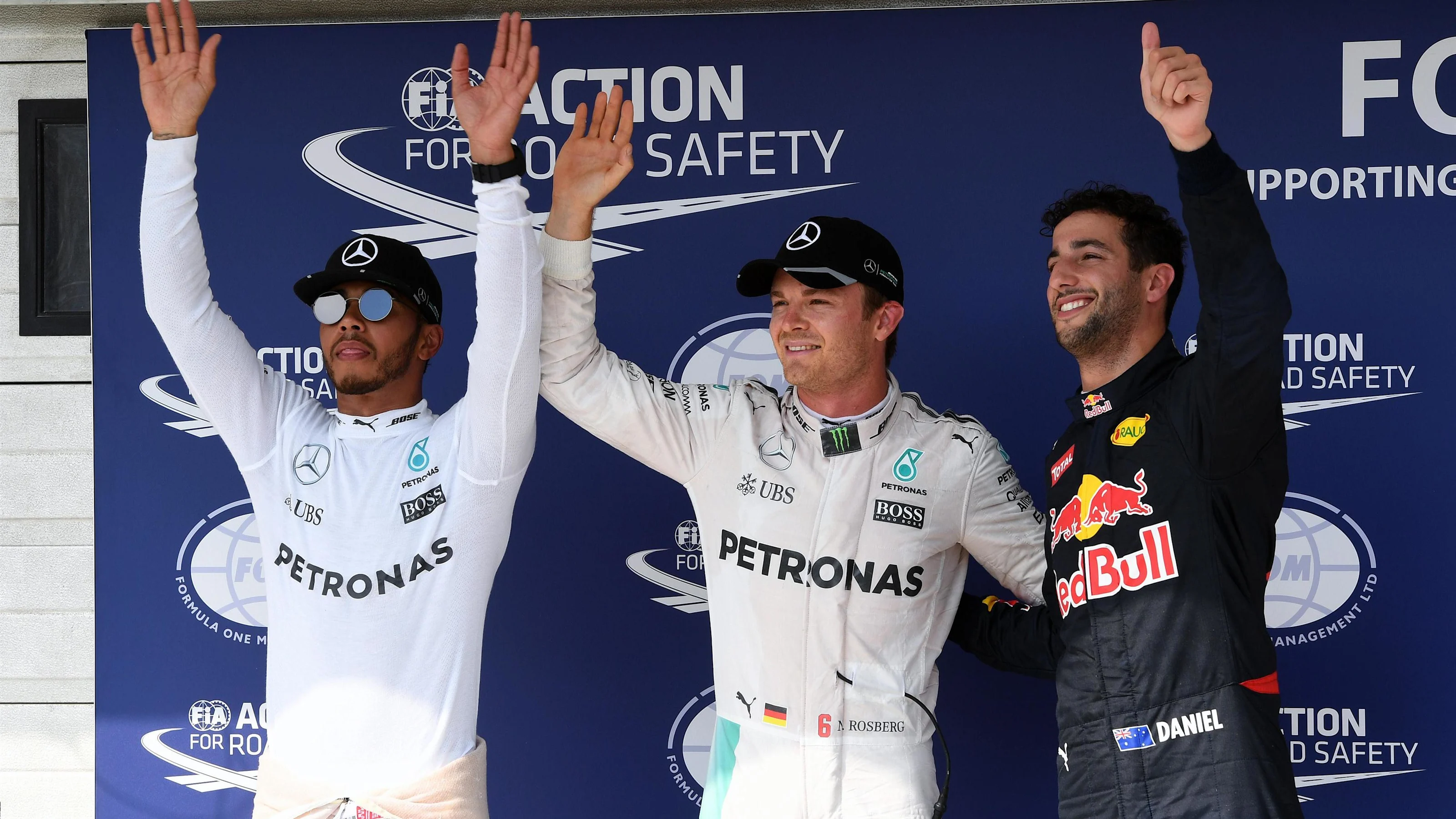 (L to R): Lewis Hamilton (GBR) Mercedes AMG F1, pole sitter Nico Rosberg (GER) Mercedes AMG F1 and