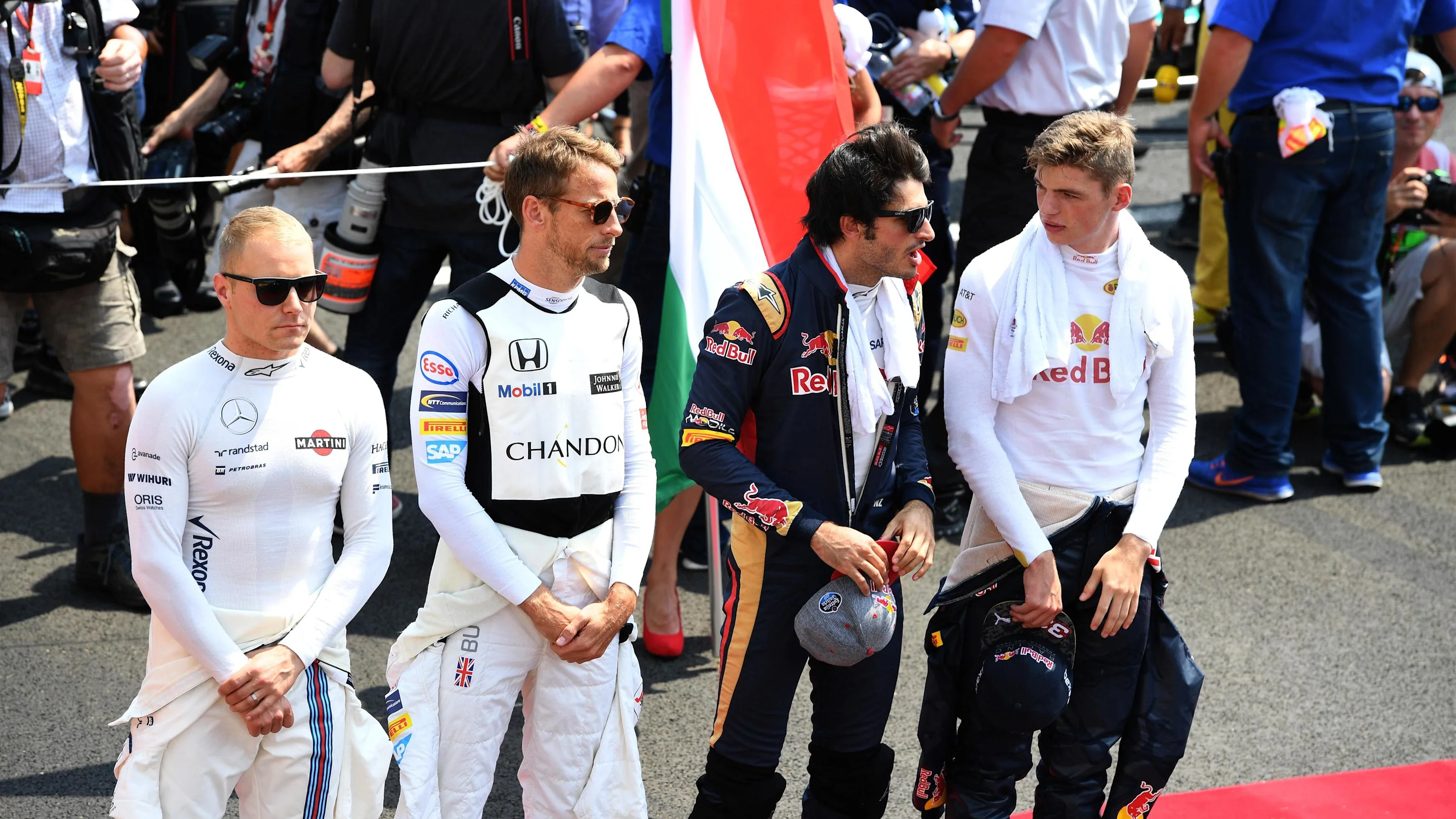 Drivers observe the National Anthem on the grid at Formula One World Championship, Rd11, Hungarian
