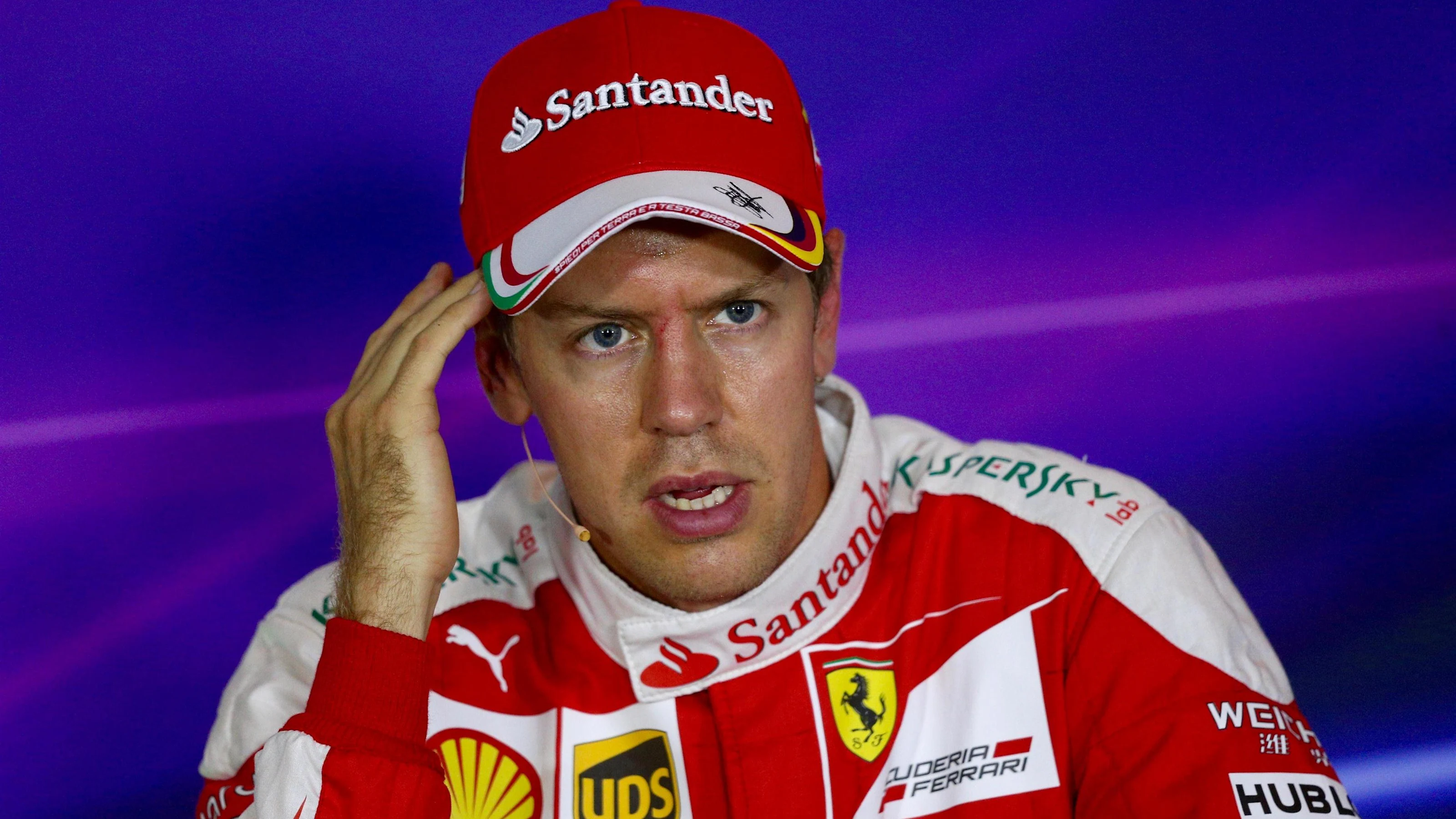 Sebastian Vettel (GER) Ferrari in the Press Conference at Formula One World Championship, Rd14,