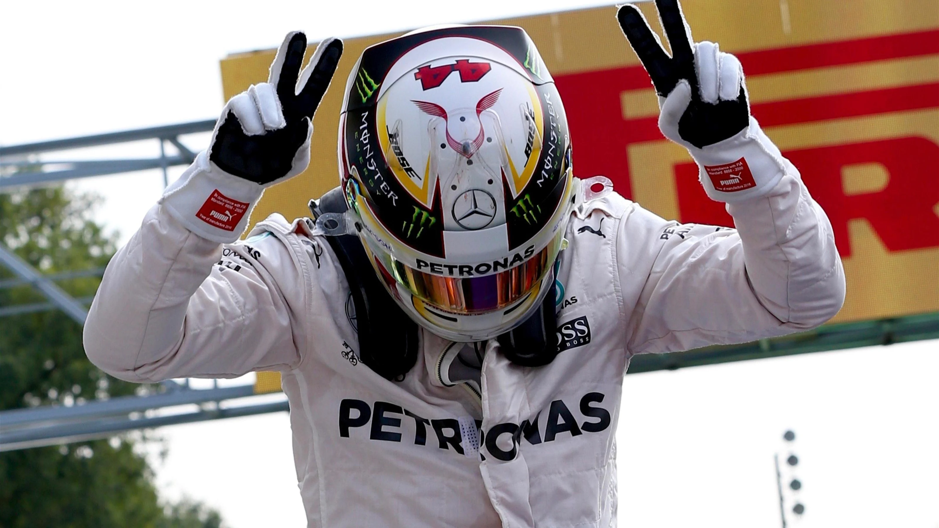 Pole sitter Lewis Hamilton (GBR) Mercedes AMG F1 celebrates in parc ferme at Formula One World