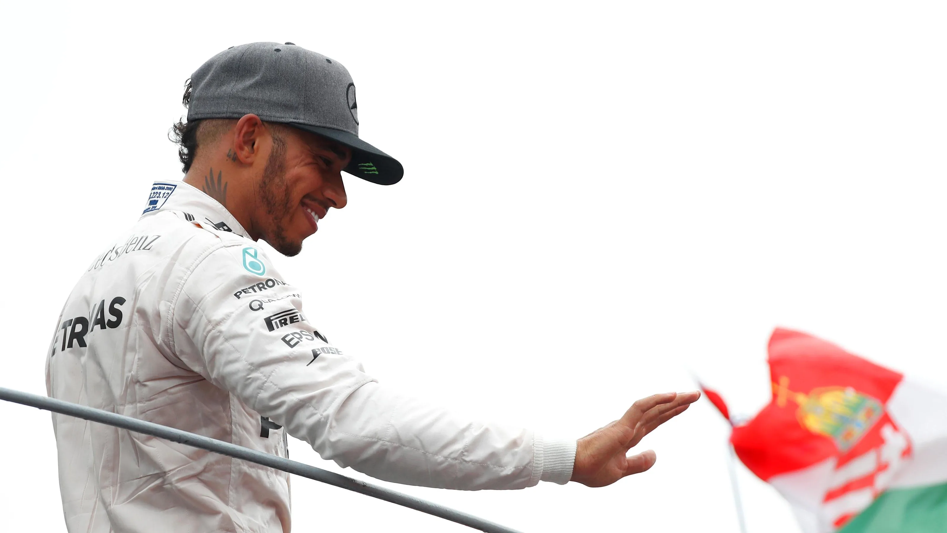 Lewis Hamilton (GBR) Mercedes AMG F1 celebrates on the podium at Formula One World Championship,