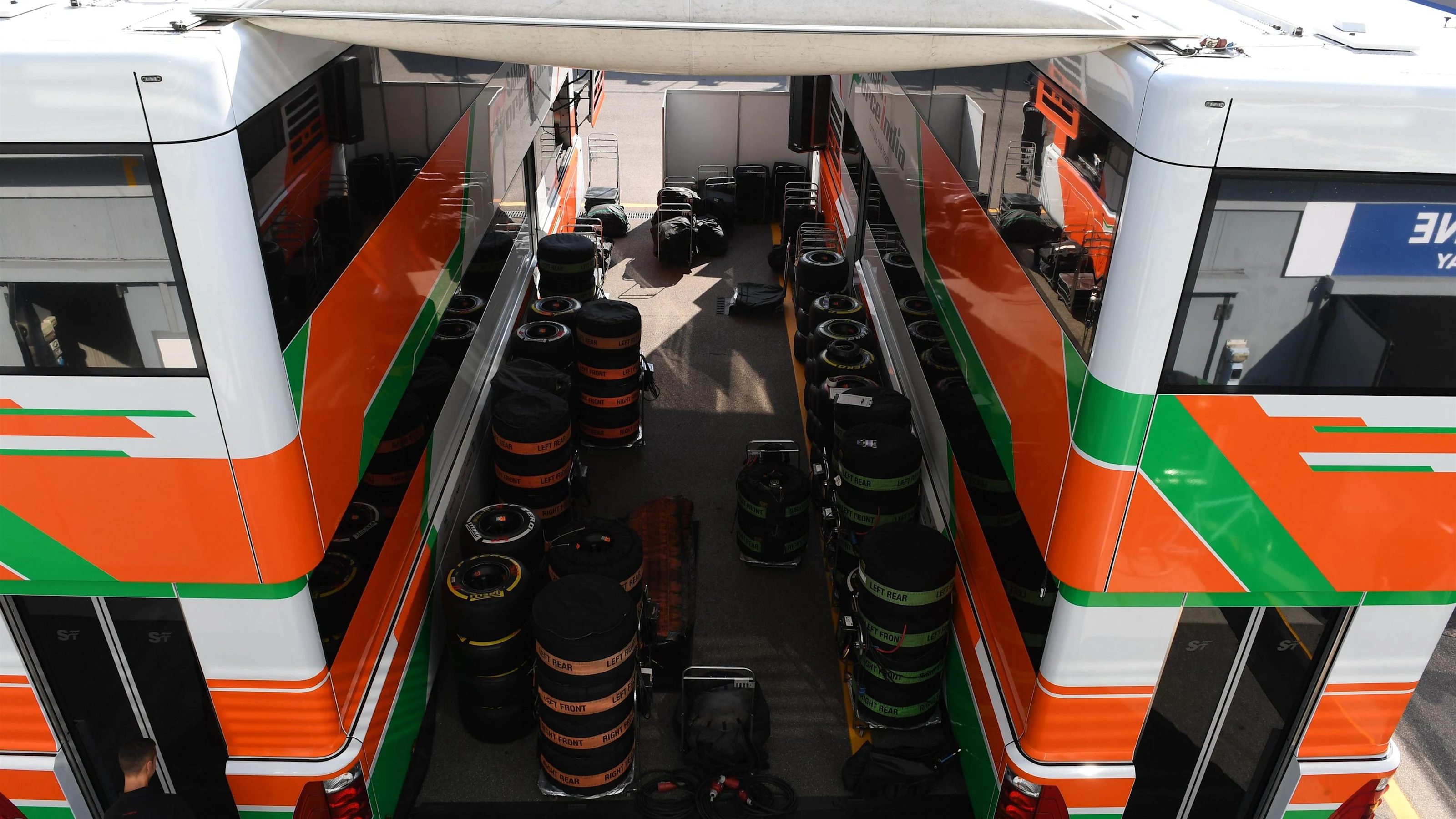Force India trucks and Pirelli tyres at Formula One World Championship, Rd14, Italian Grand Prix,