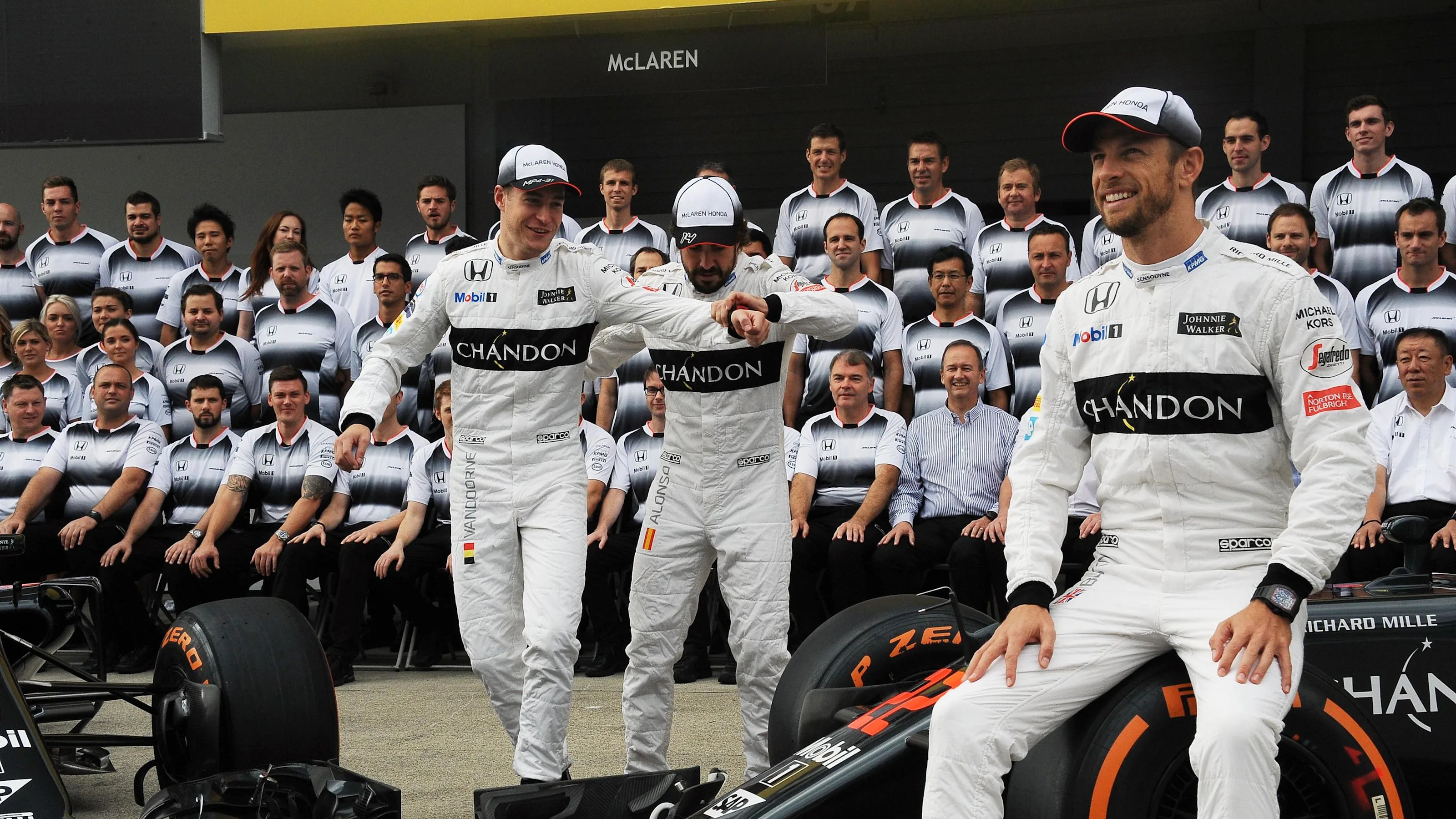 Jenson Button (GBR) McLaren, Fernando Alonso (ESP) McLaren and Stoffel Vandoorne (BEL) McLaren at a