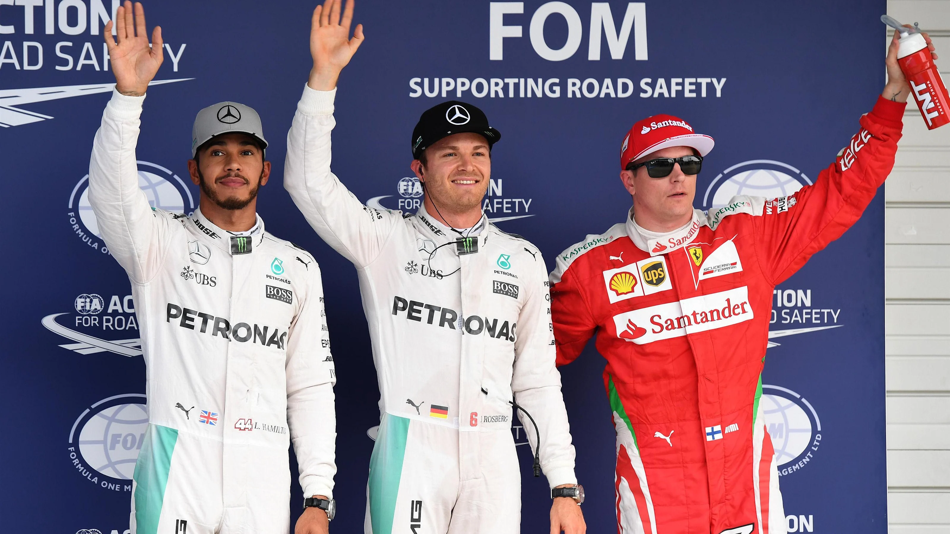 (L to R): Lewis Hamilton (GBR) Mercedes AMG F1, pole sitter Nico Rosberg (GER) Mercedes AMG F1 and