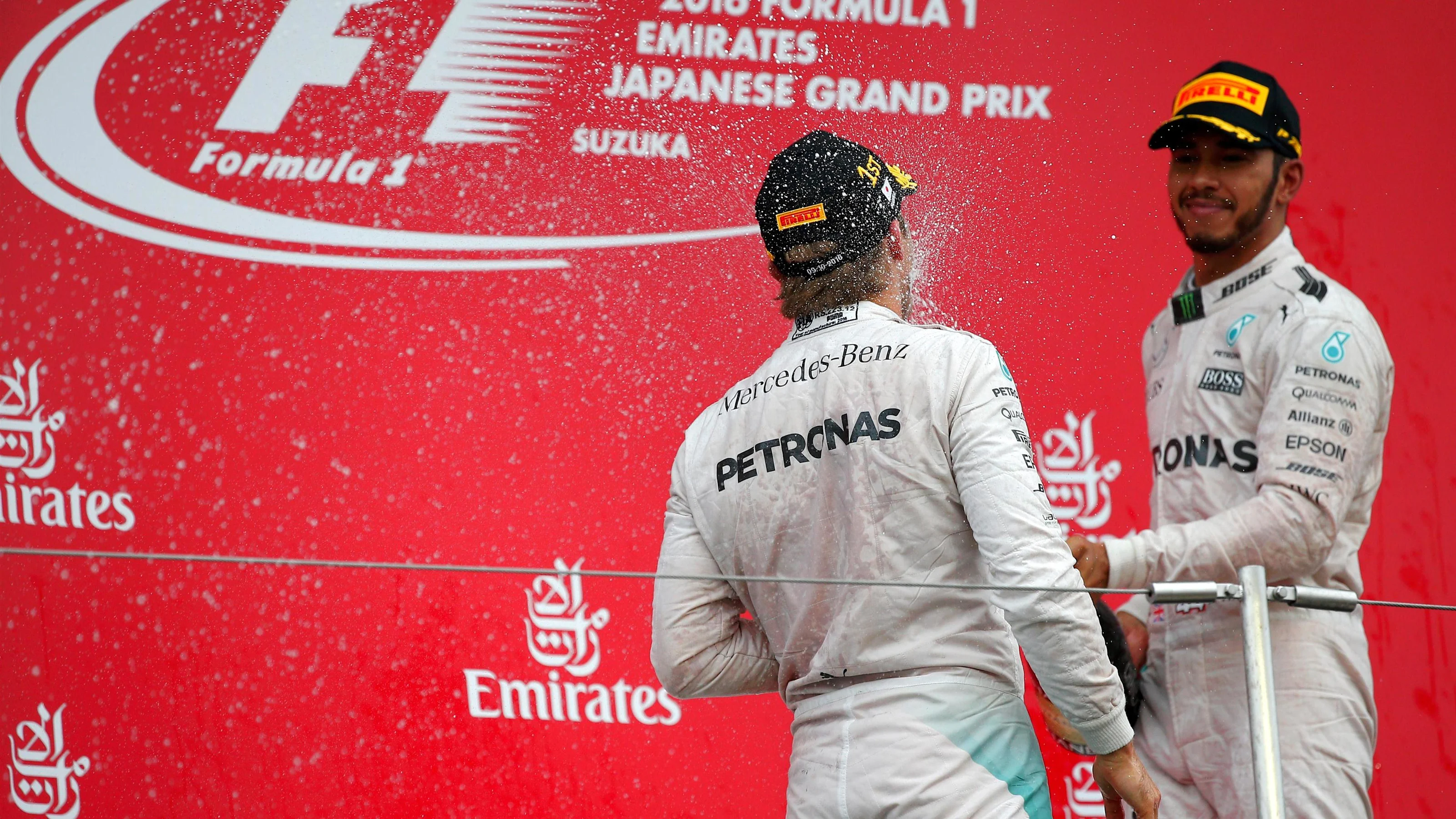 Race winner Nico Rosberg (GER) Mercedes AMG F1 and Lewis Hamilton (GBR) Mercedes AMG F1 celebrate