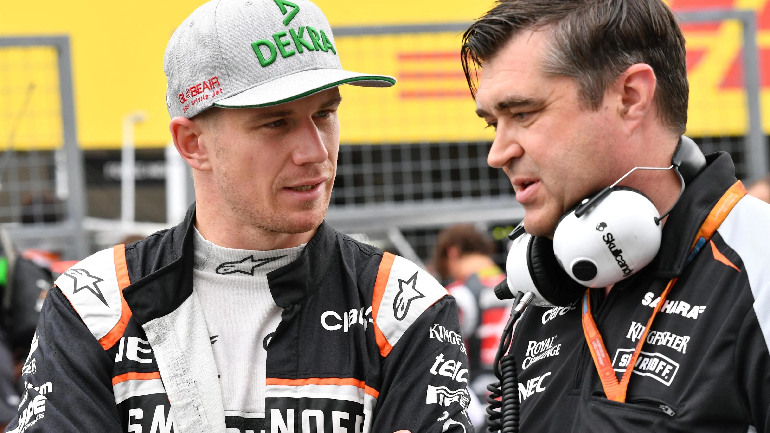Nico Hulkenberg (GER) Force India F1 and Bradley Joyce (GBR) Force India Race Engineer on the grid