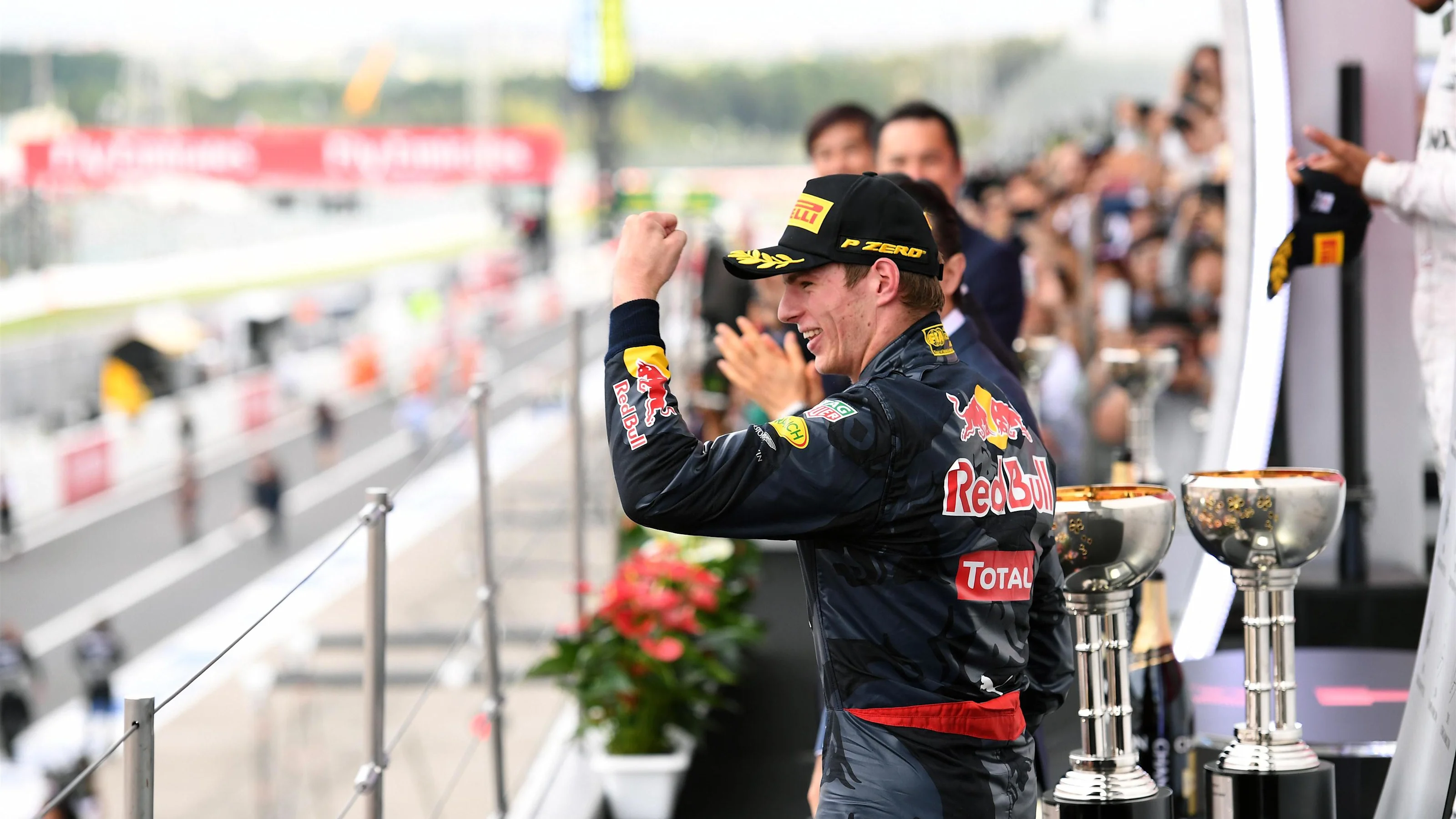 Max Verstappen (NED) Red Bull Racing celebrates on the podium at Formula One World Championship,