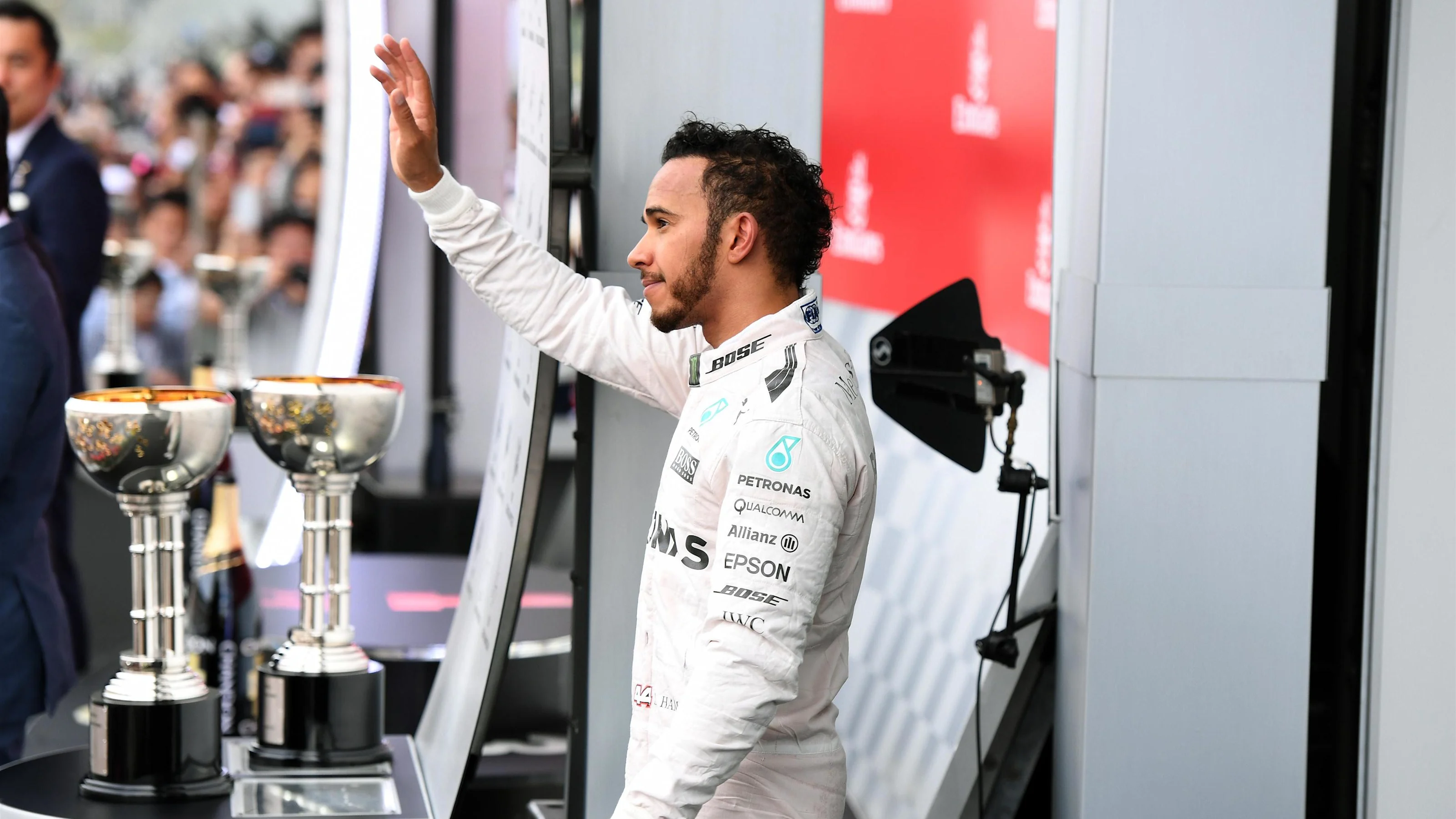 Lewis Hamilton (GBR) Mercedes AMG F1 celebrates on the podium at Formula One World Championship,