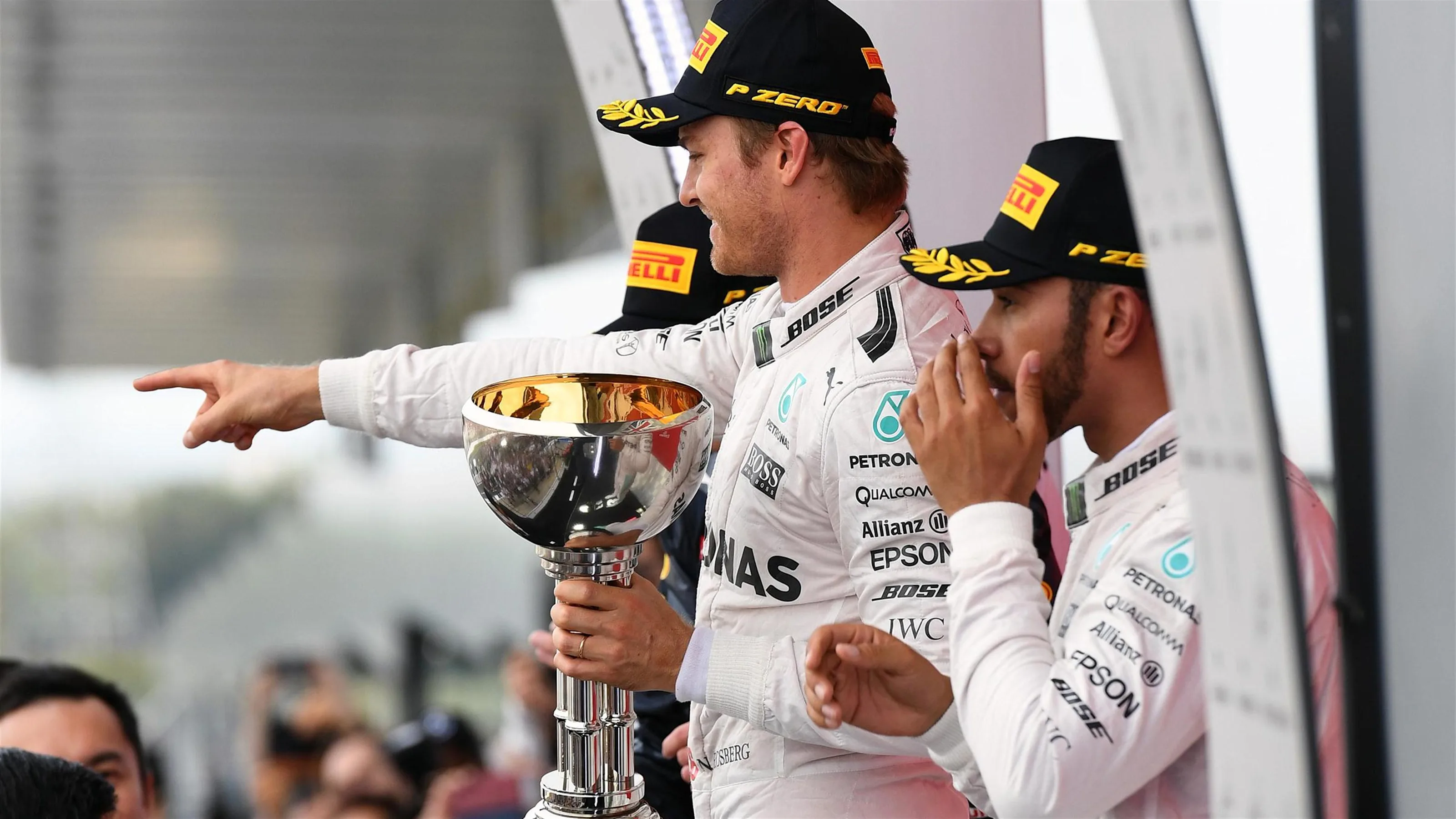 Race winner Nico Rosberg (GER) Mercedes AMG F1 celebrates on the podium with the trophy at Formula