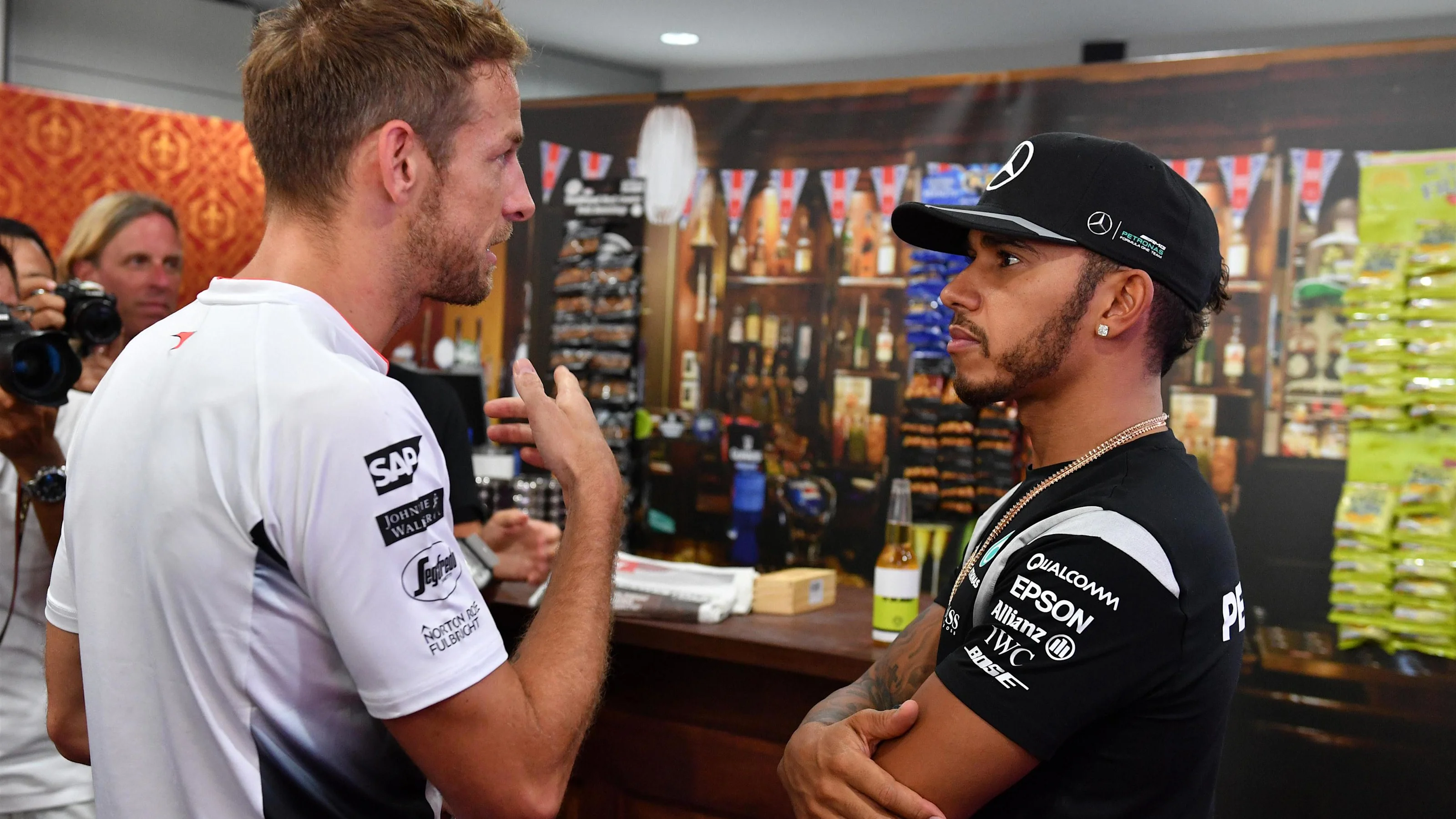 Jenson Button (GBR) McLaren celebrates his 300th Grand Prix with Lewis Hamilton (GBR) Mercedes AMG