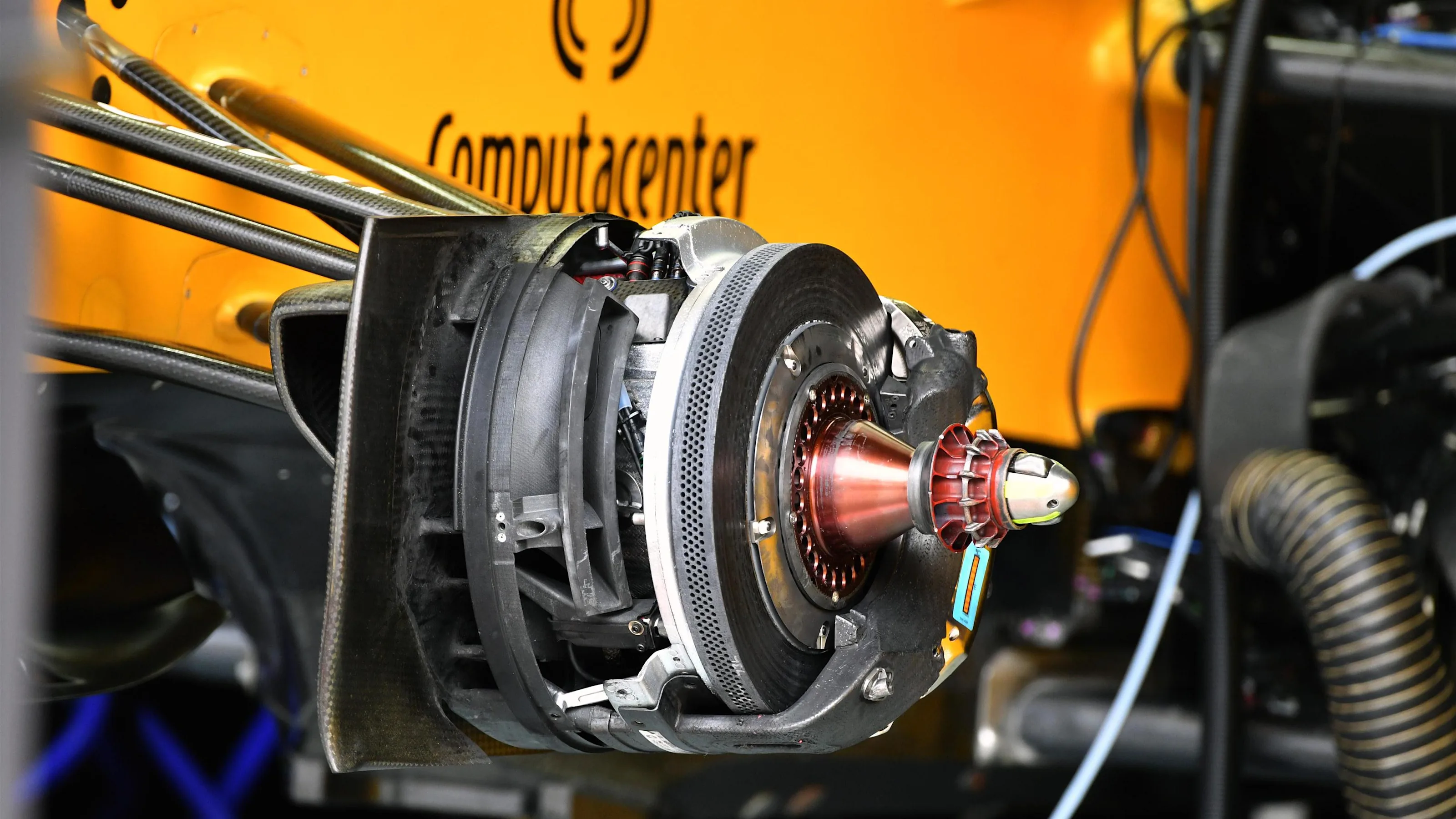 Renault Sport F1 Team RS16 front brake and wheel hub detail at Formula One World Championship,
