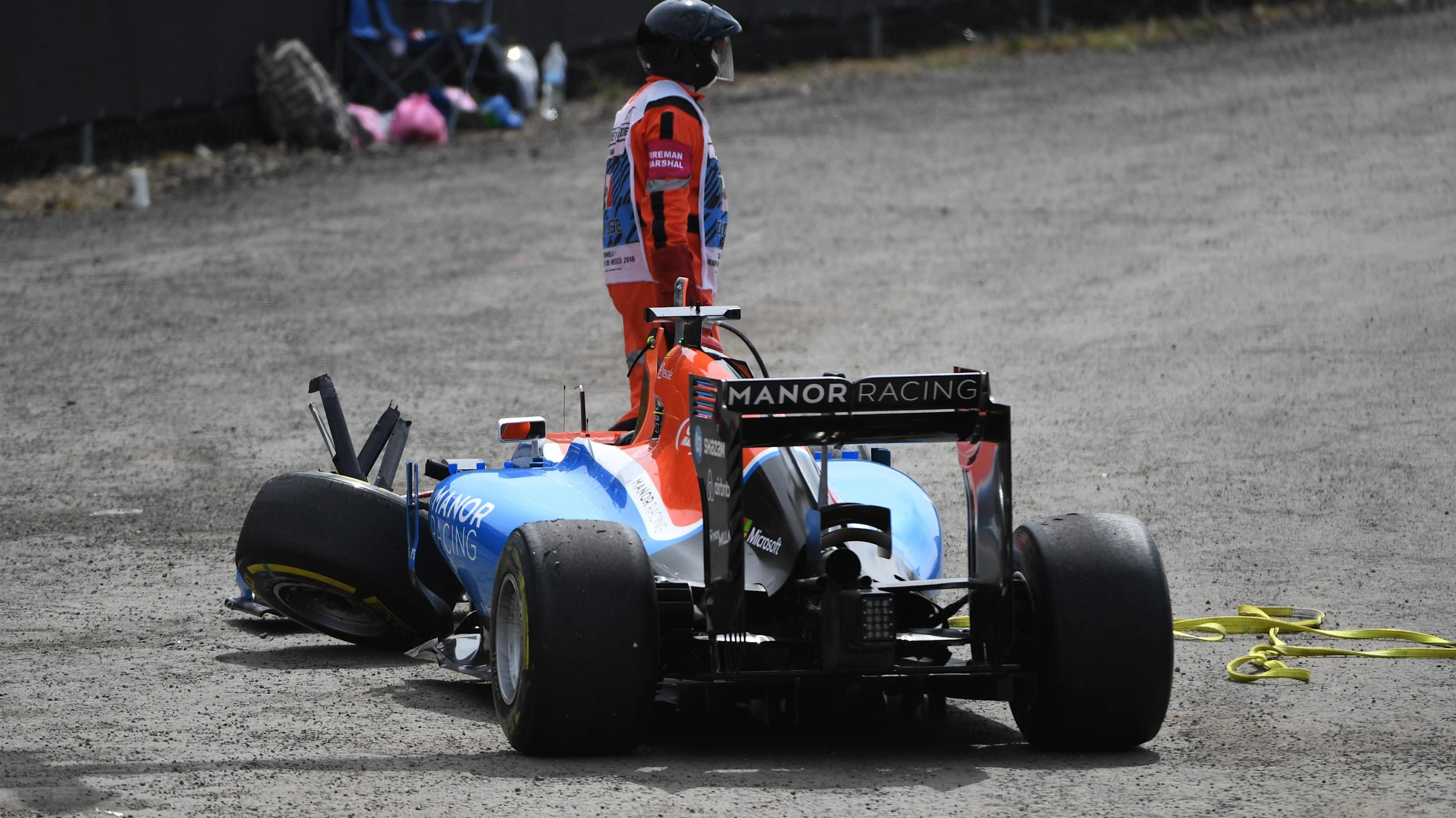 The crashed car of race retiree Pascal Wehrlein (GER) Manor Racing MRT05 at Formula One World