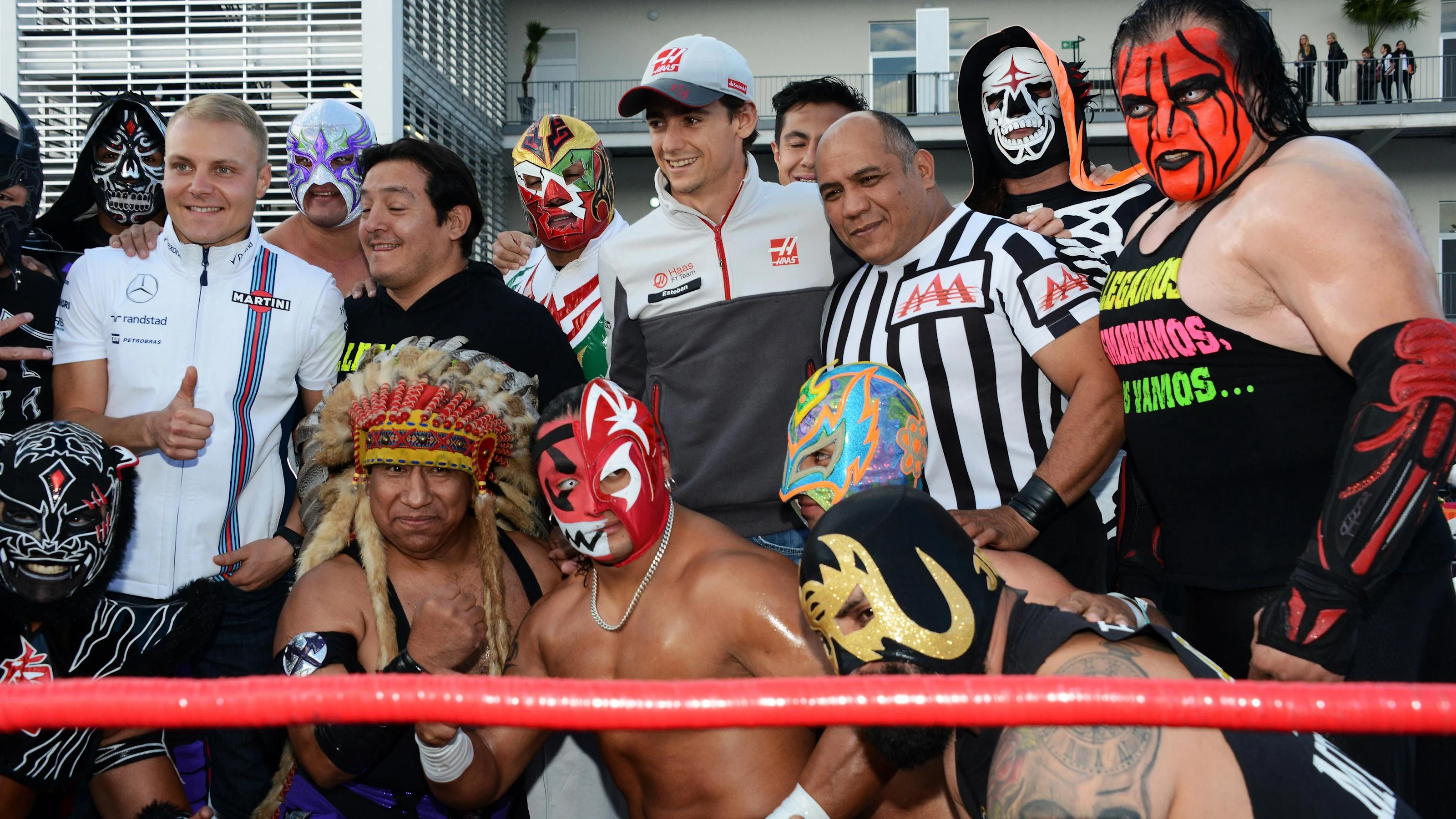 Valtteri Bottas (FIN) Williams and Esteban Gutierrez (MEX) Haas F1 at Lucha Libre Wrestling Fiesta