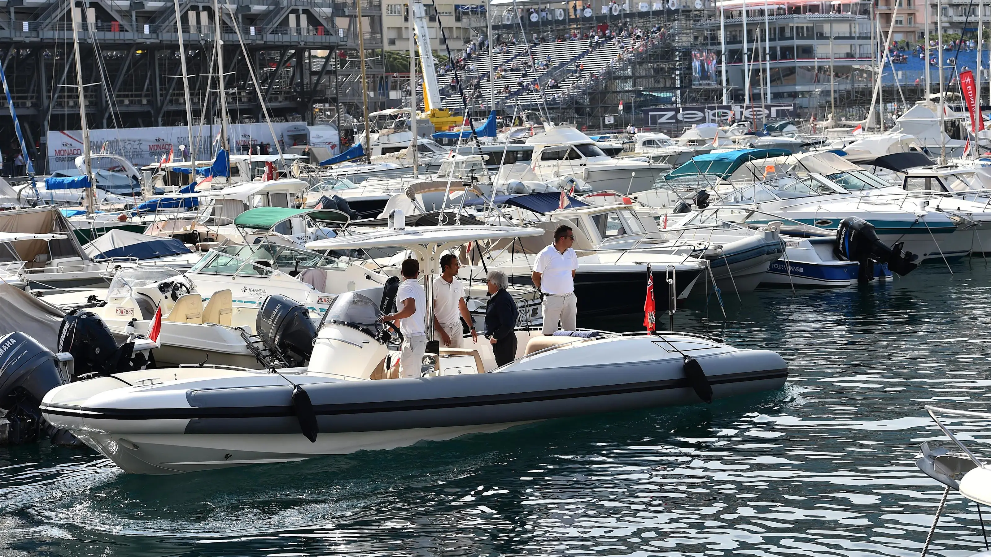 Bernie Ecclestone (GBR) CEO Formula One Group (FOM) on a launch boat at Formula One World