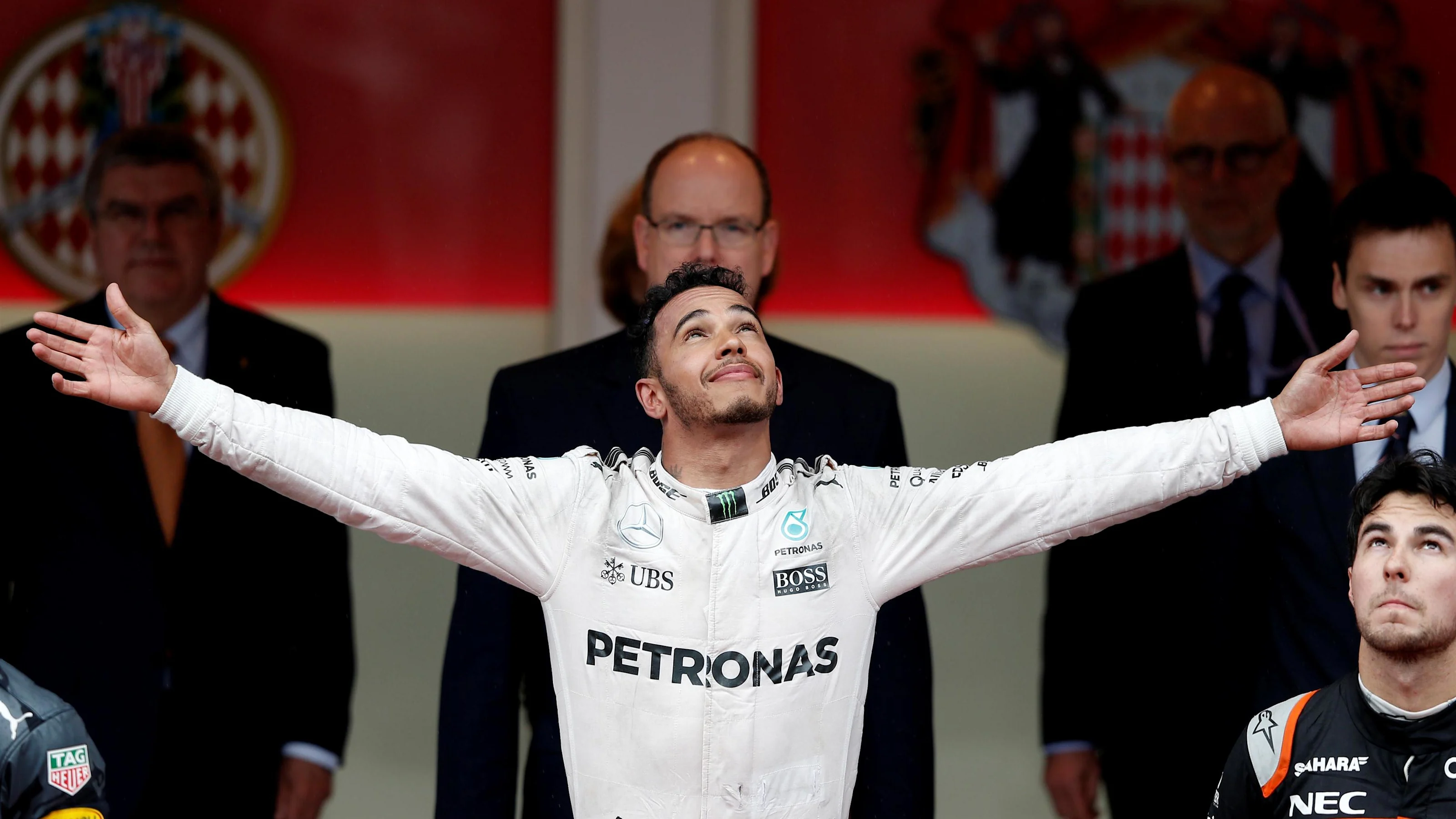 Lewis Hamilton (GBR) Mercedes AMG F1 celebrates on the podium at Formula One World Championship,