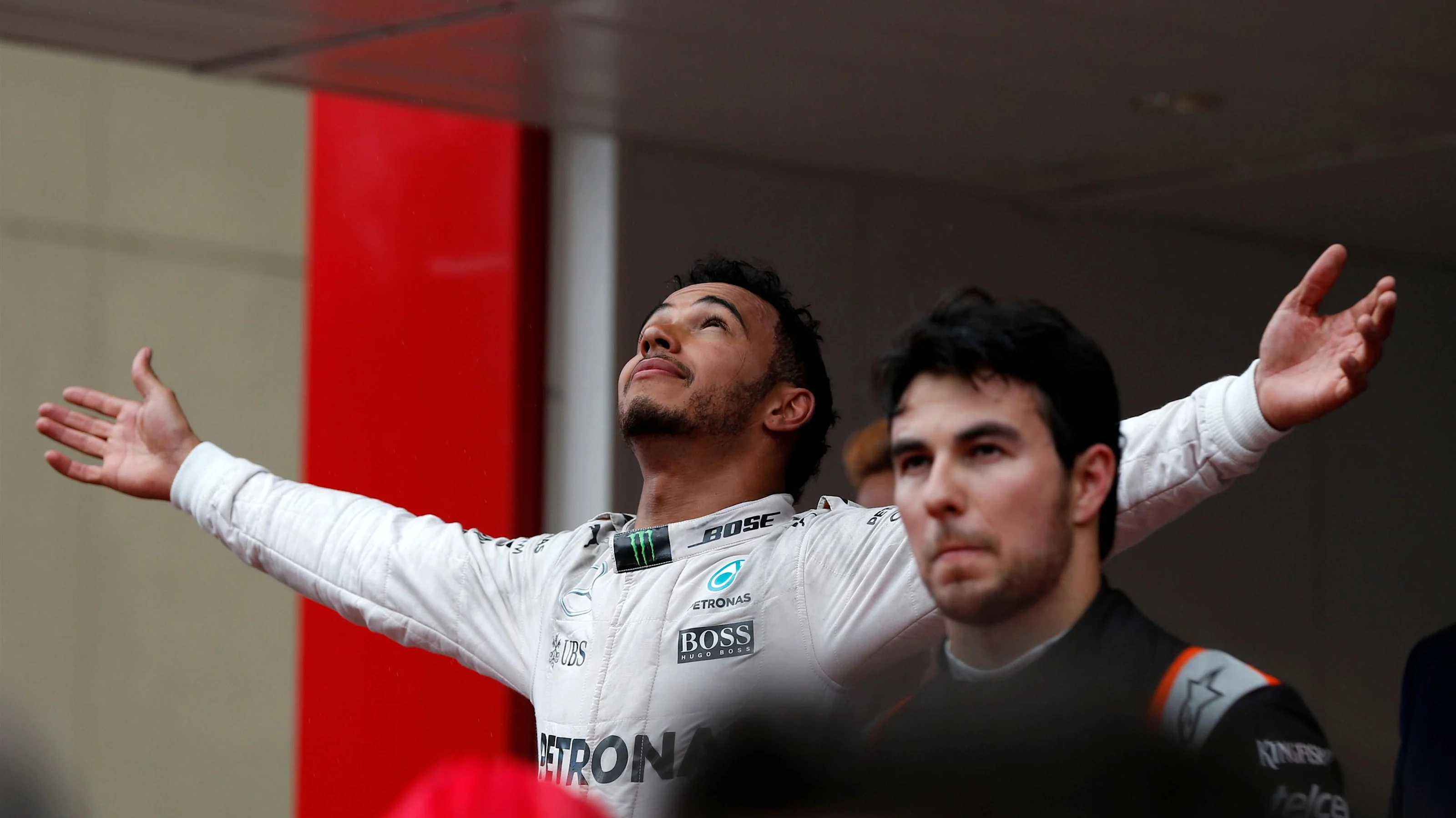 Race winner Lewis Hamilton (GBR) Mercedes AMG F1 celebrates on the podium at Formula One World