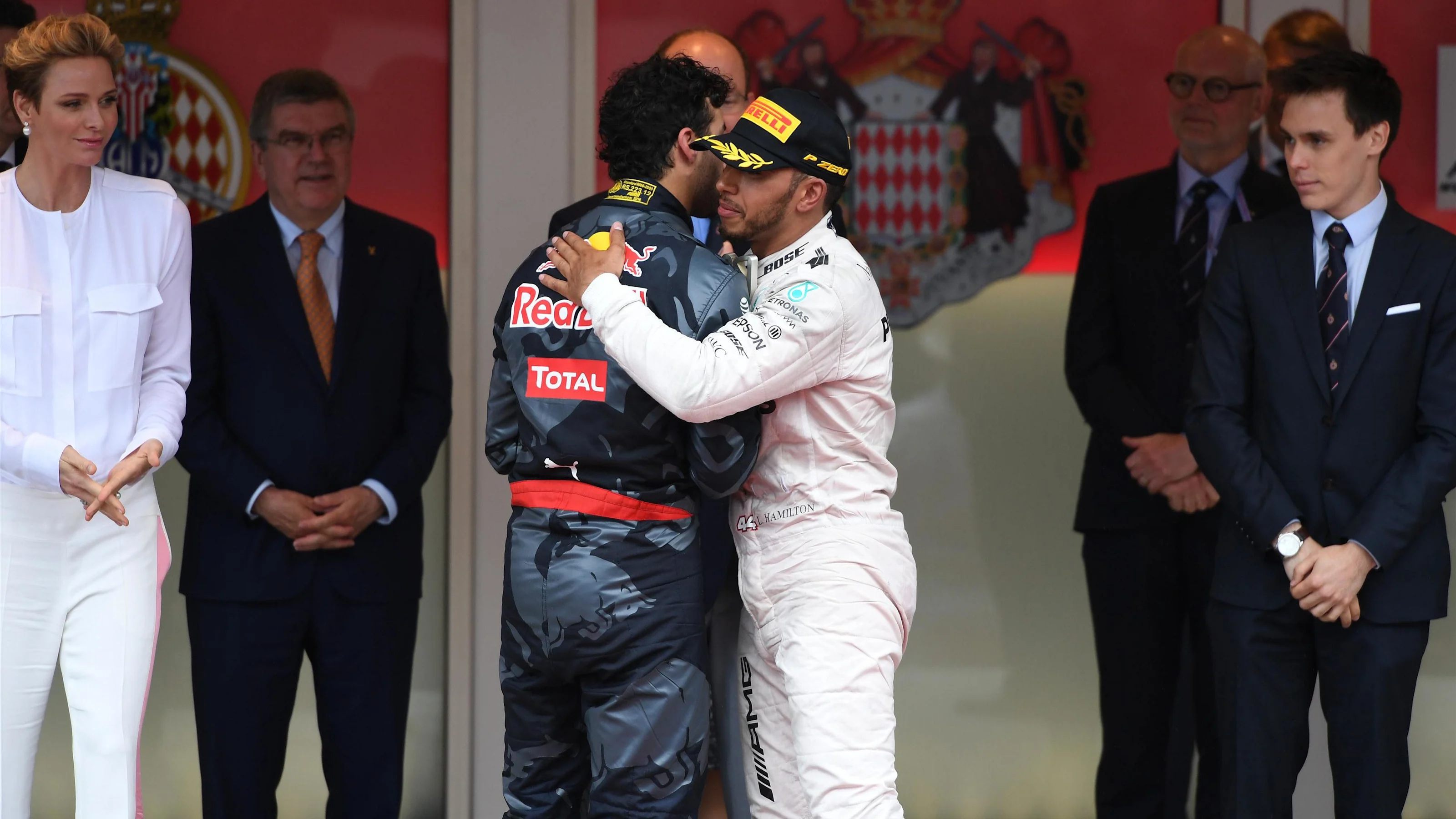 Daniel Ricciardo (AUS) Red Bull Racing and klhp celebrate on the podium at Formula One World