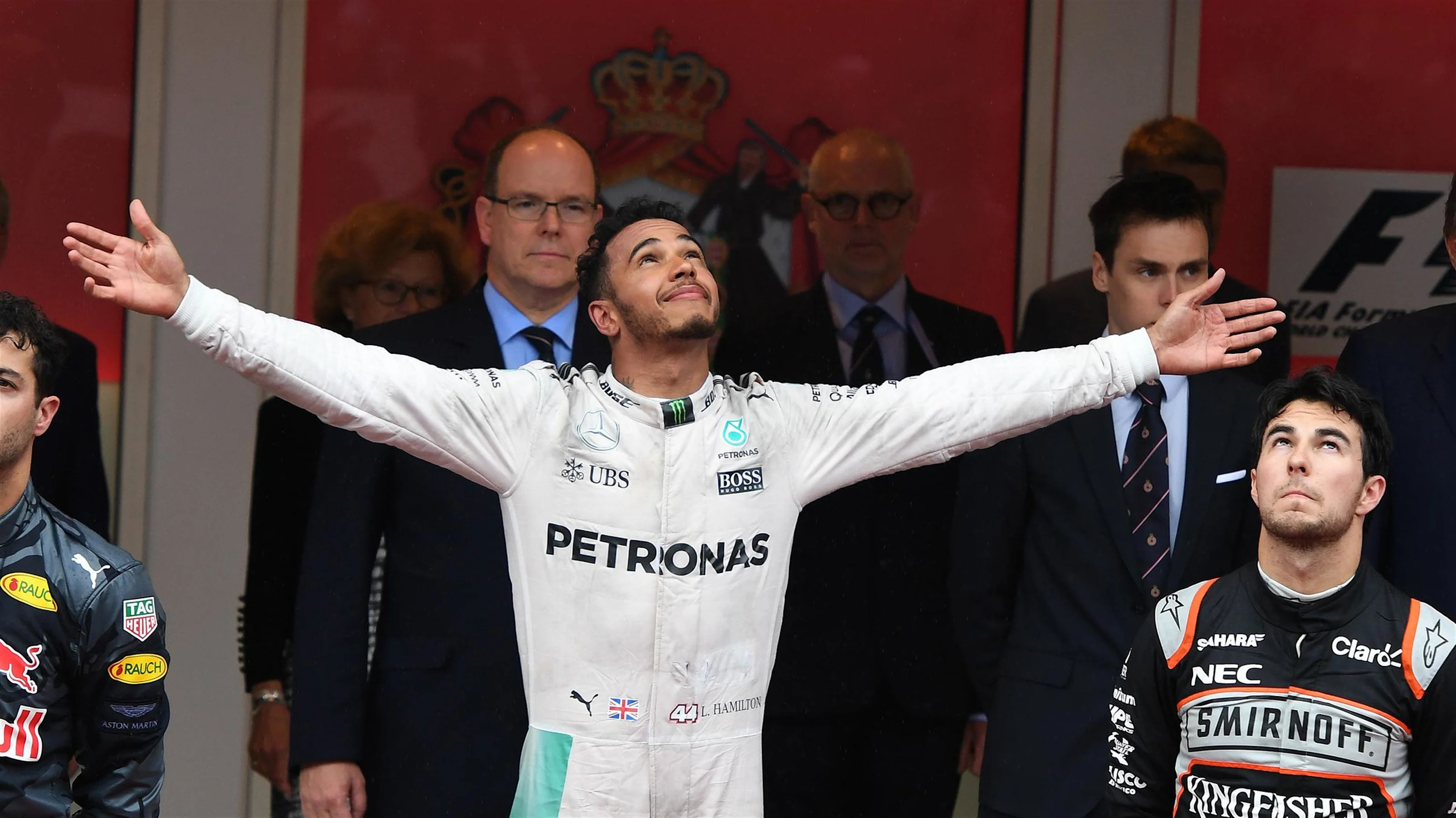Race winner Lewis Hamilton (GBR) Mercedes AMG F1 celebrates on the podium at Formula One World