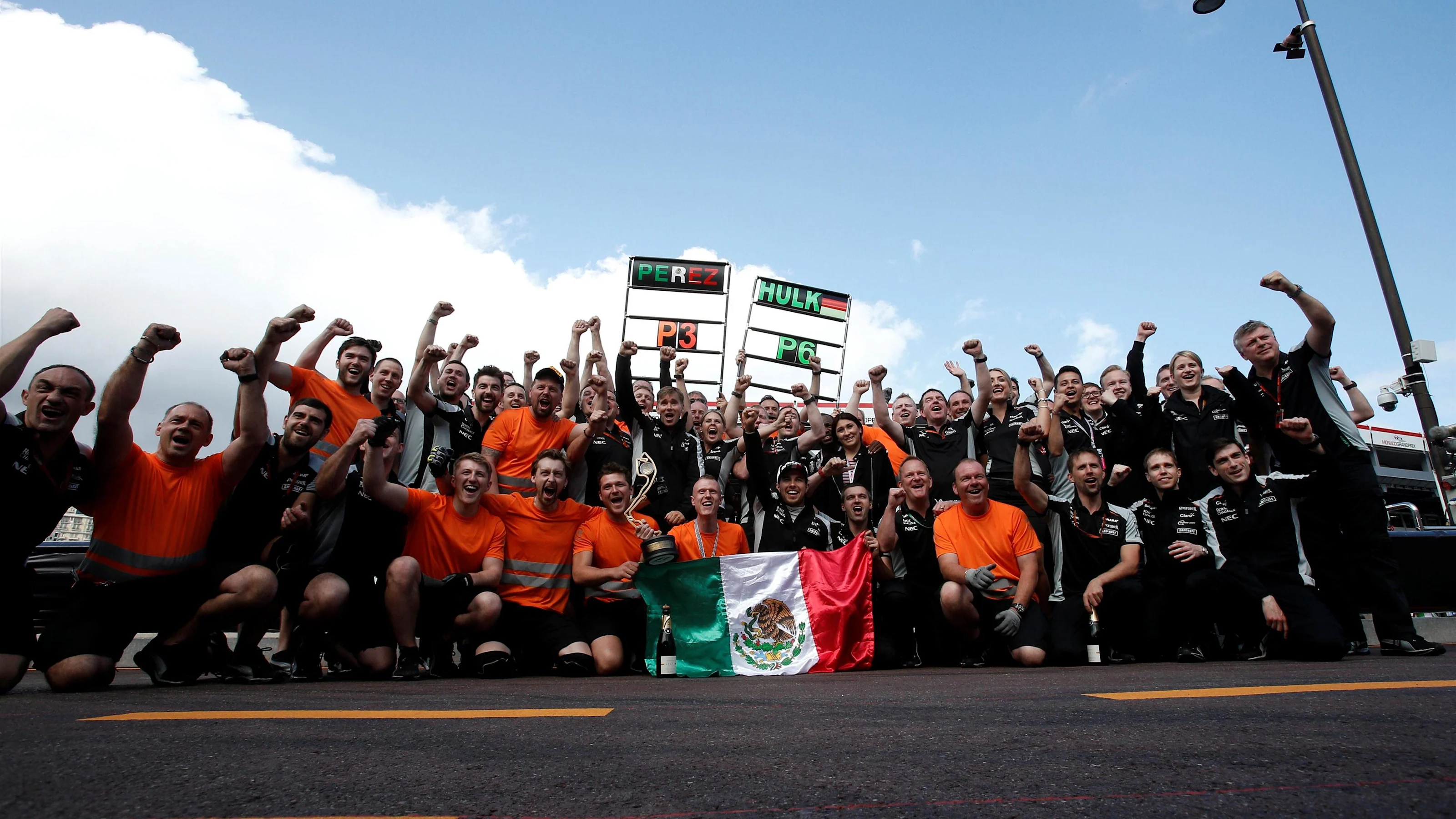 Third placed Sergio Perez (MEX) Force India celebrates with the team at Formula One World