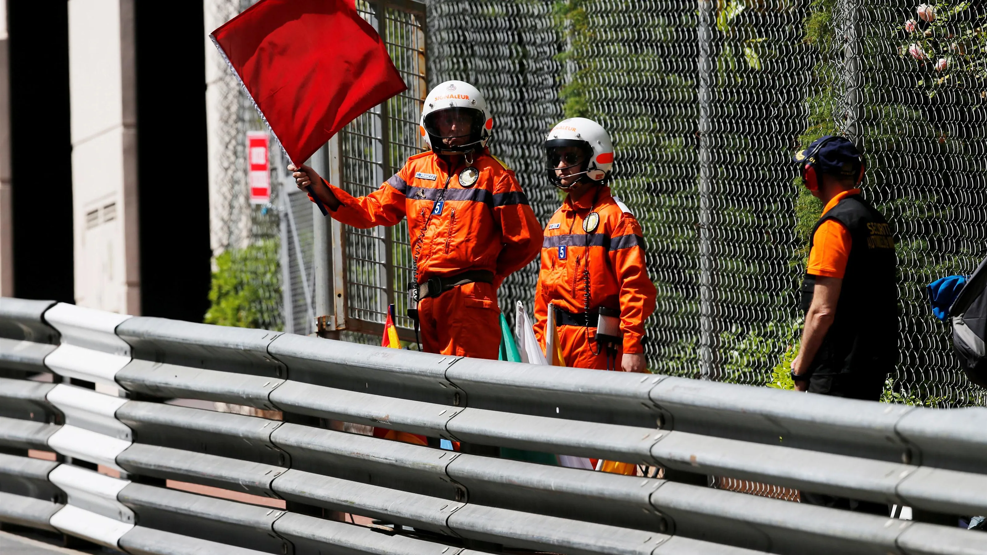 Marshals wave red flag in FP1 at Formula One World Championship, Rd6, Monaco Grand Prix, Practice,