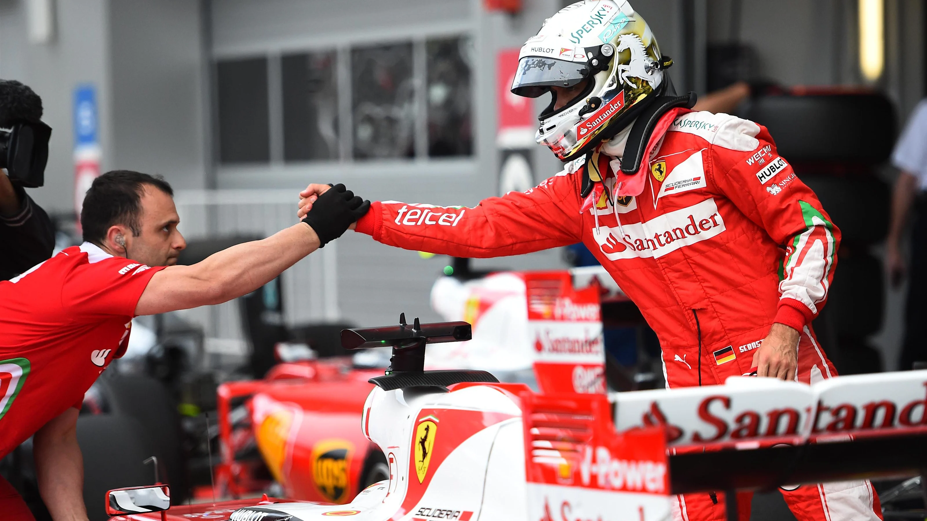 Sebastian Vettel (GER) Ferrari in parc ferme at Formula One World Championship, Rd4, Russian Grand