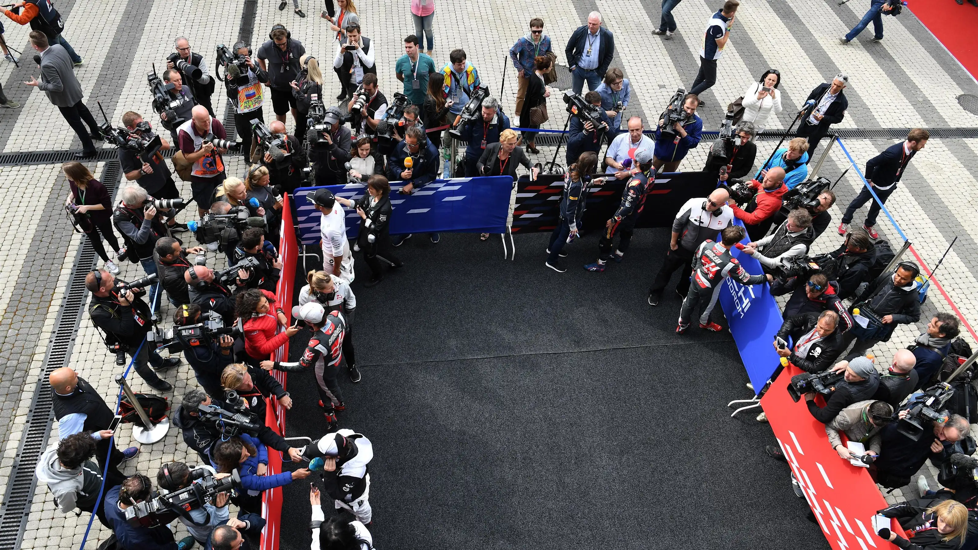 Media pen at Formula One World Championship, Rd4, Russian Grand Prix, Qualifying, Sochi Autodrom,