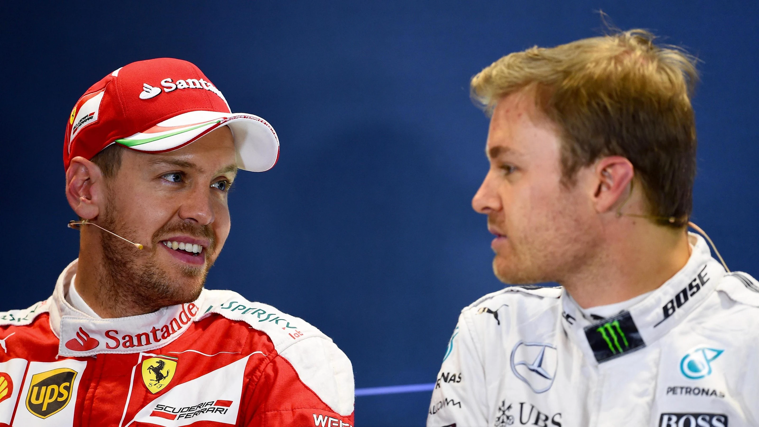 Sebastian Vettel (GER) Ferrari and and Nico Rosberg (GER) Mercedes AMG F1 in the Press Conference