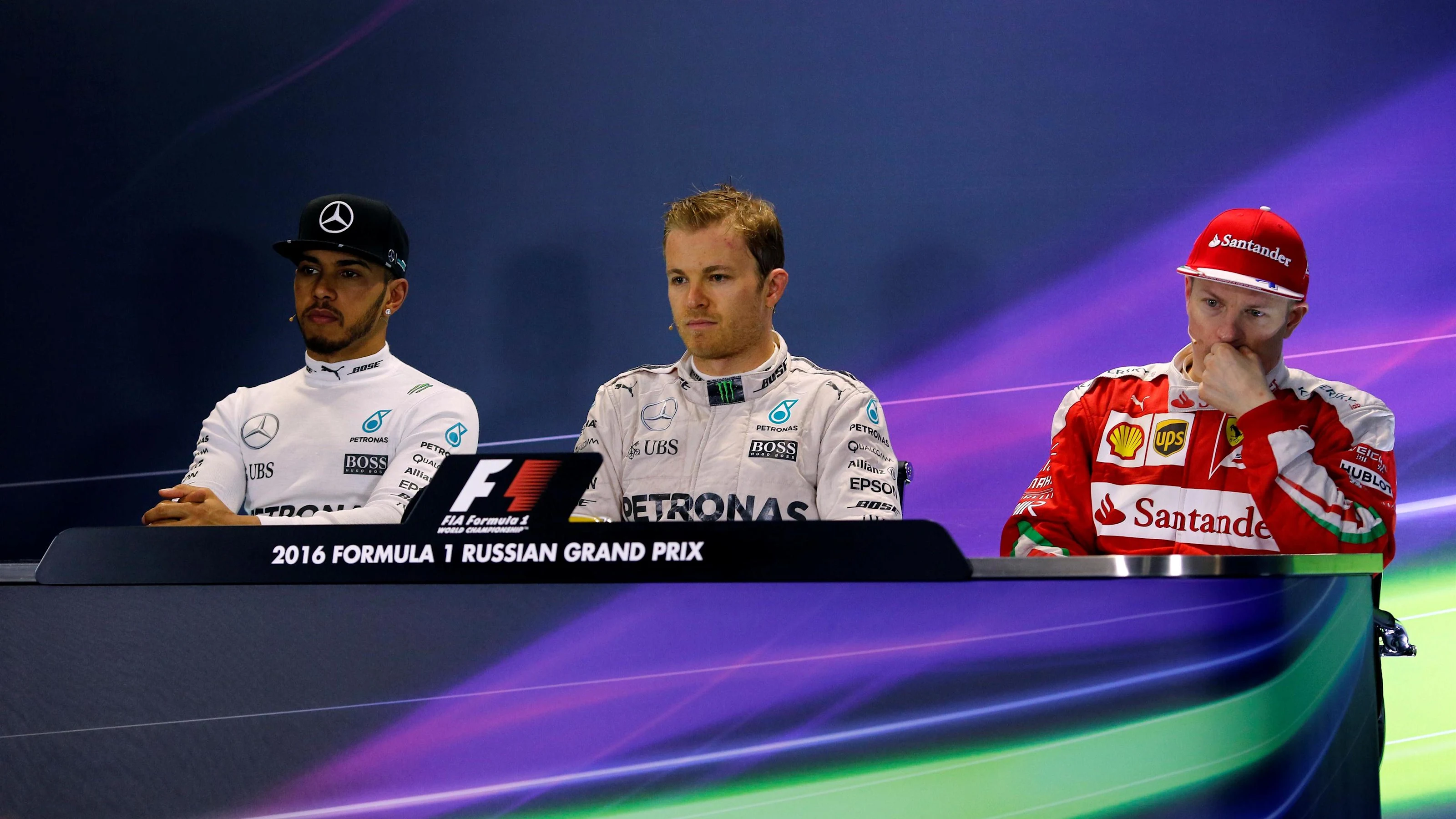 Lewis Hamilton (GBR) Mercedes AMG F1, Nico Rosberg (GER) Mercedes AMG F1 and Kimi Raikkonen (FIN)