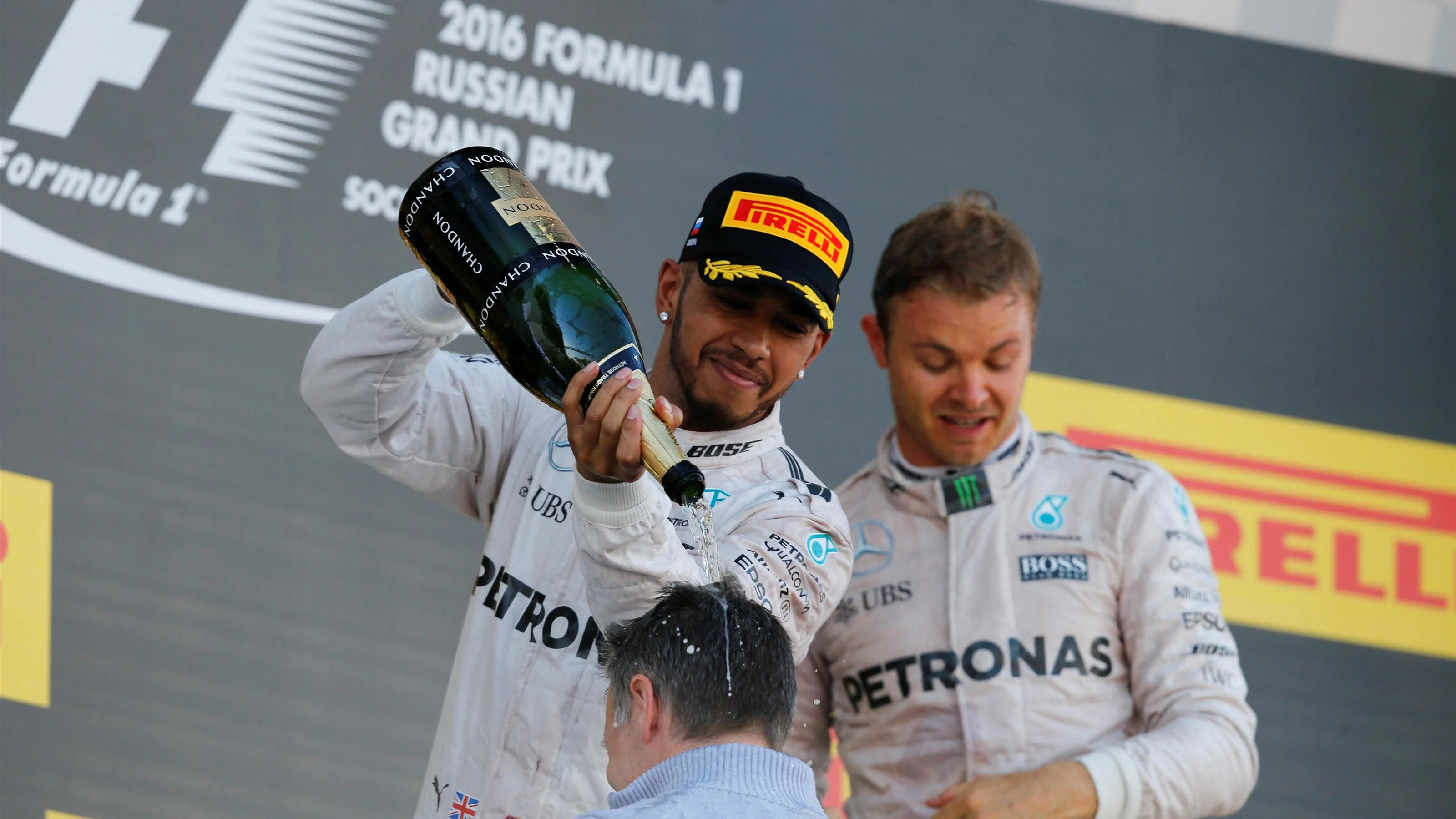 Lewis Hamilton (GBR) Mercedes AMG F1 celebrates with the champagne on the podium at Formula One