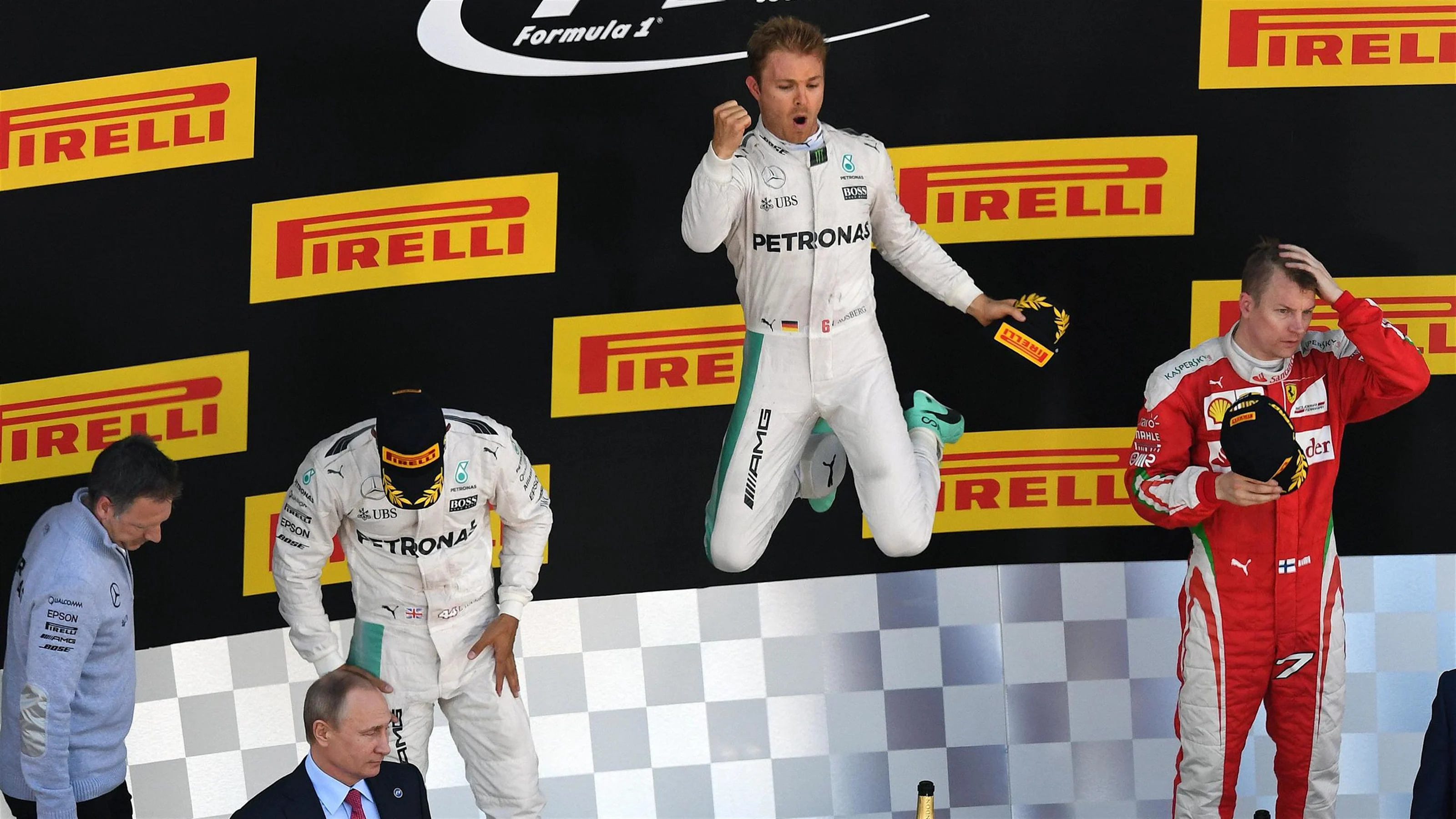 Lewis Hamilton (GBR) Mercedes AMG F1, Nico Rosberg (GER) Mercedes AMG F1 and Kimi Raikkonen (FIN)