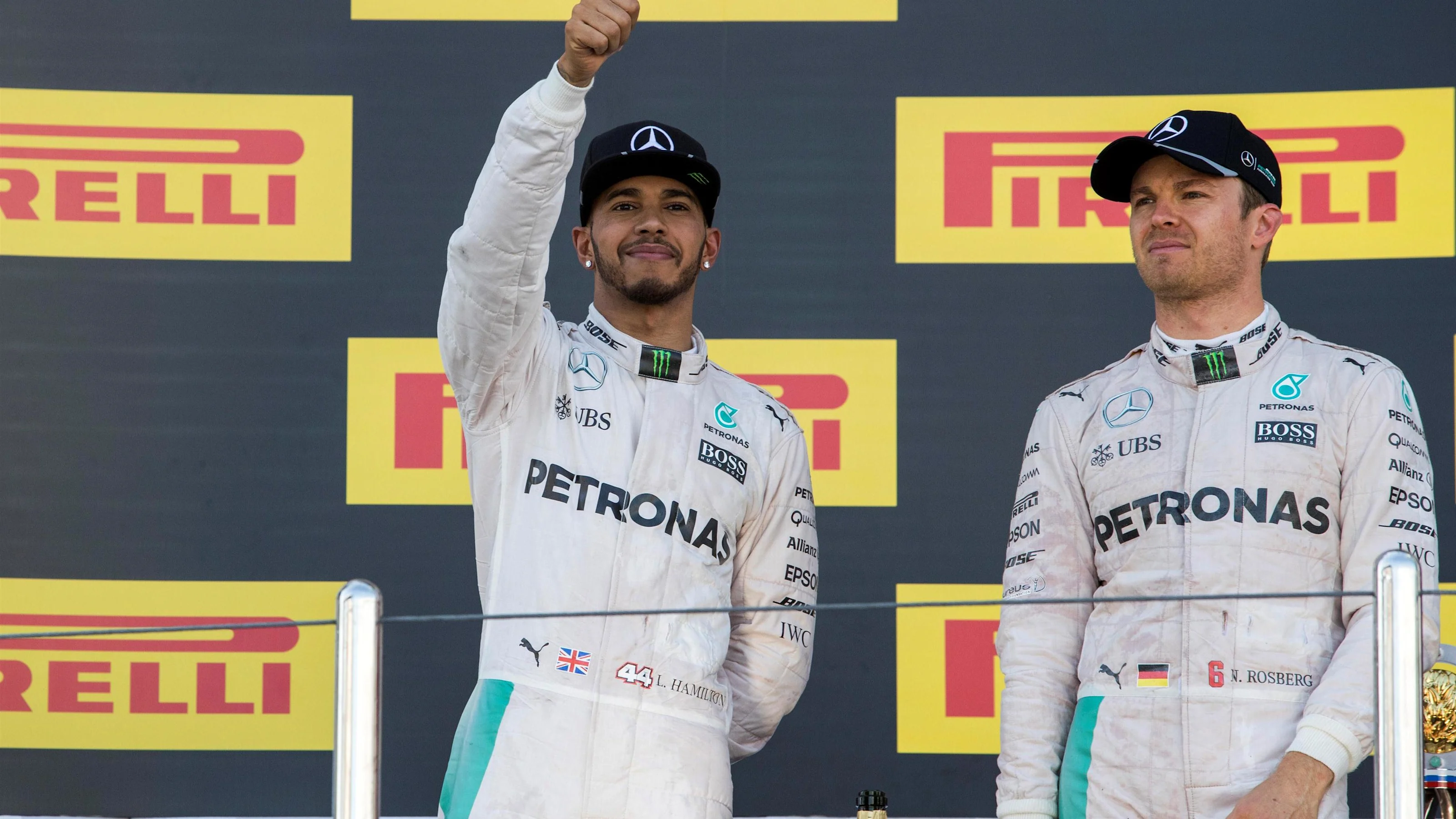 Lewis Hamilton (GBR) Mercedes AMG F1 and Nico Rosberg (GER) Mercedes AMG F1 on the podium at