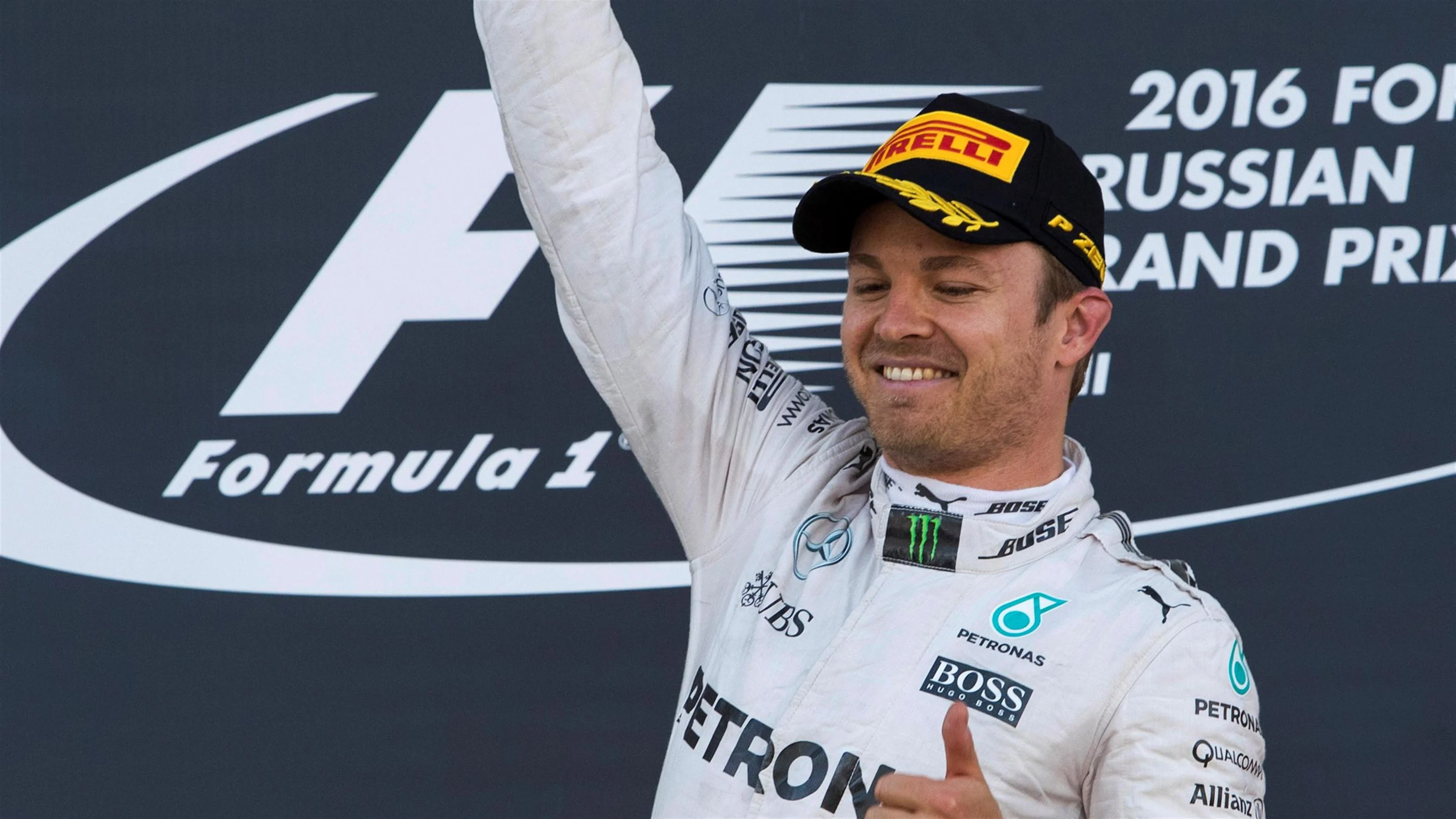Race winner Nico Rosberg (GER) Mercedes AMG F1 celebrates on the podium at Formula One World
