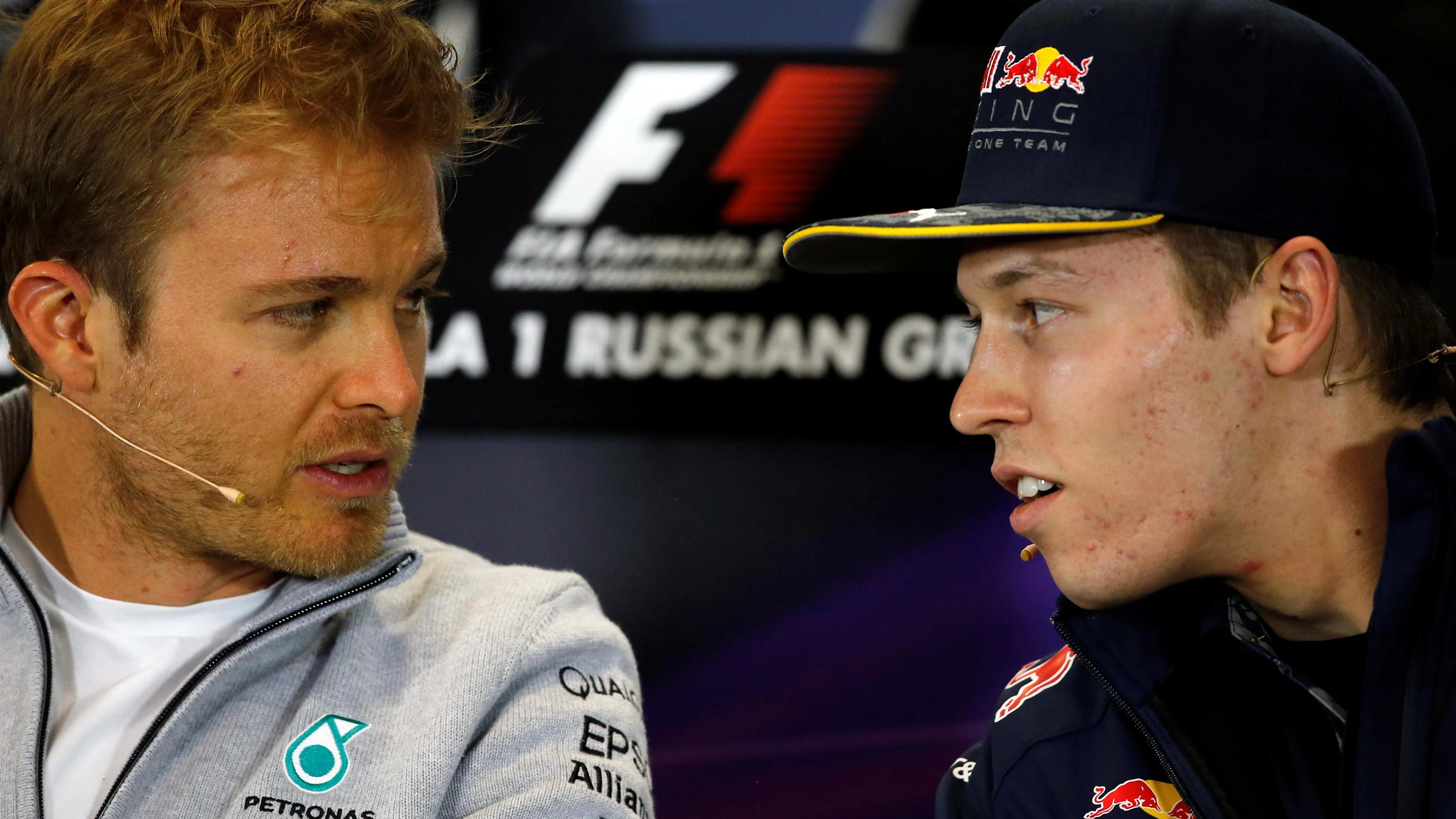Nico Rosberg (GER) Mercedes AMG F1 and Daniil Kyvat (RUS) Red Bull Racing in the Press Conference