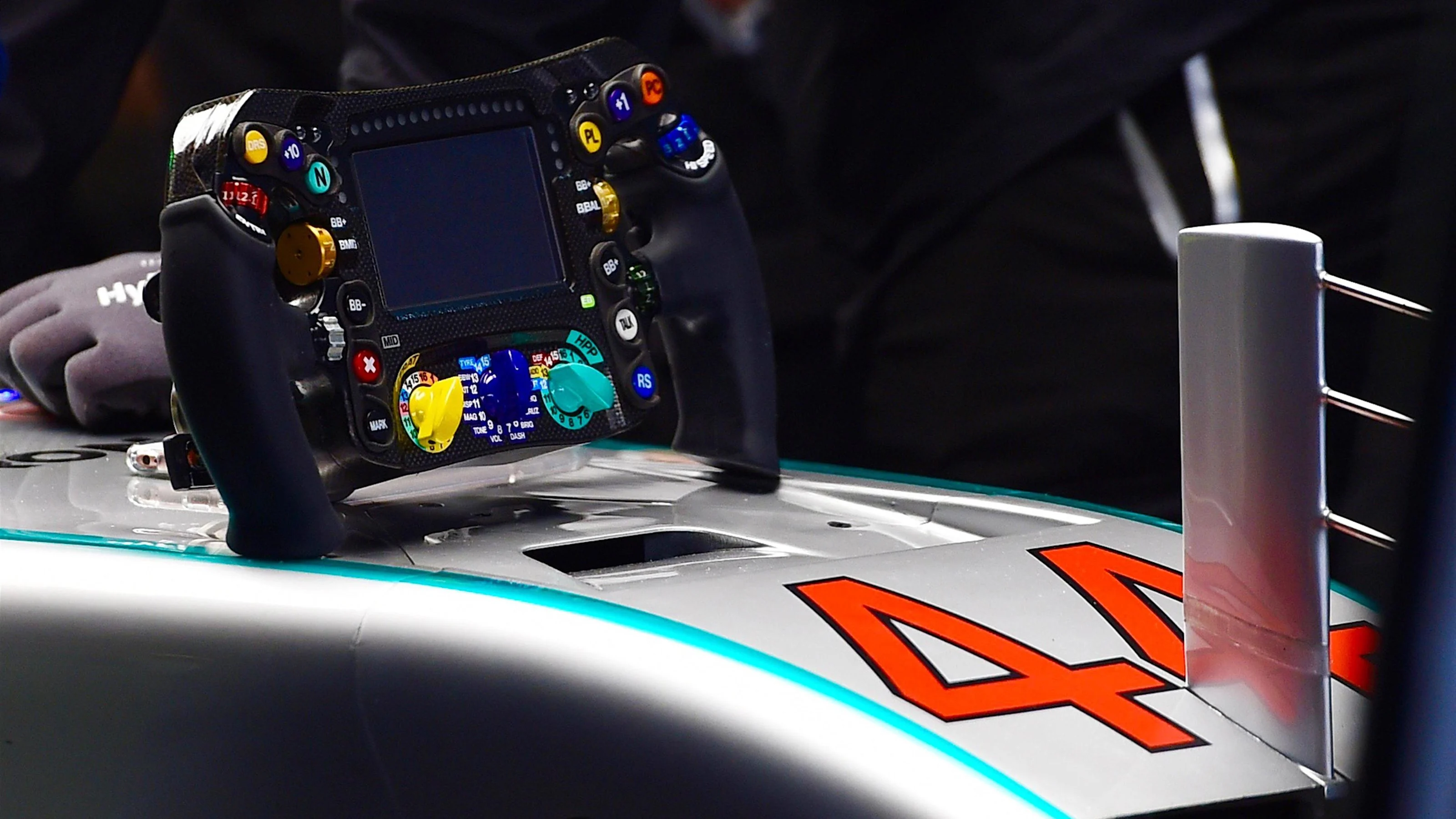 Mercedes-Benz F1 W07 Hybrid steering wheel at Formula One World Championship, Rd4, Russian Grand