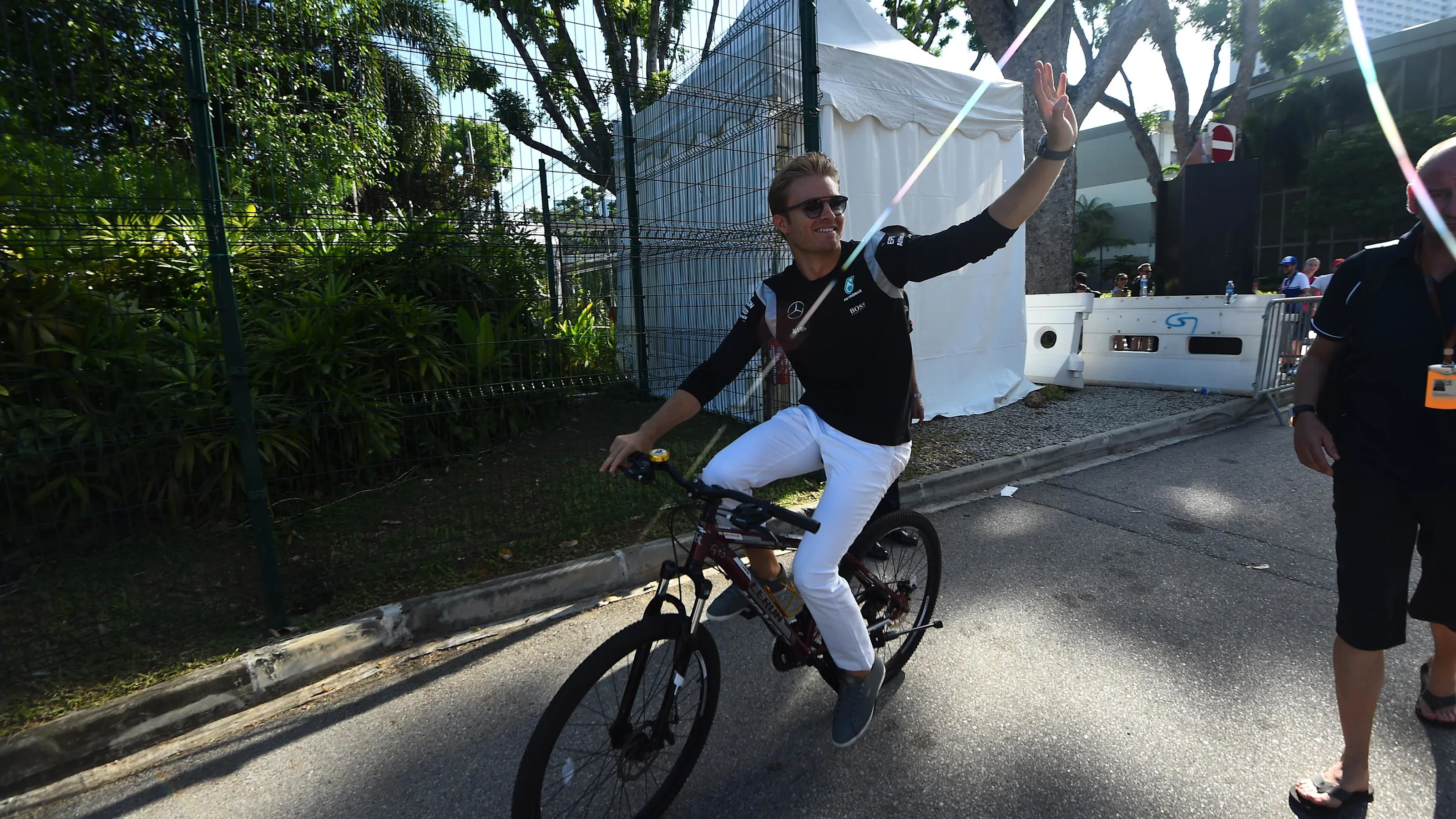 Nico Rosberg (GER) Mercedes AMG F1 rides a bicycle at Formula One World Championship, Rd15,