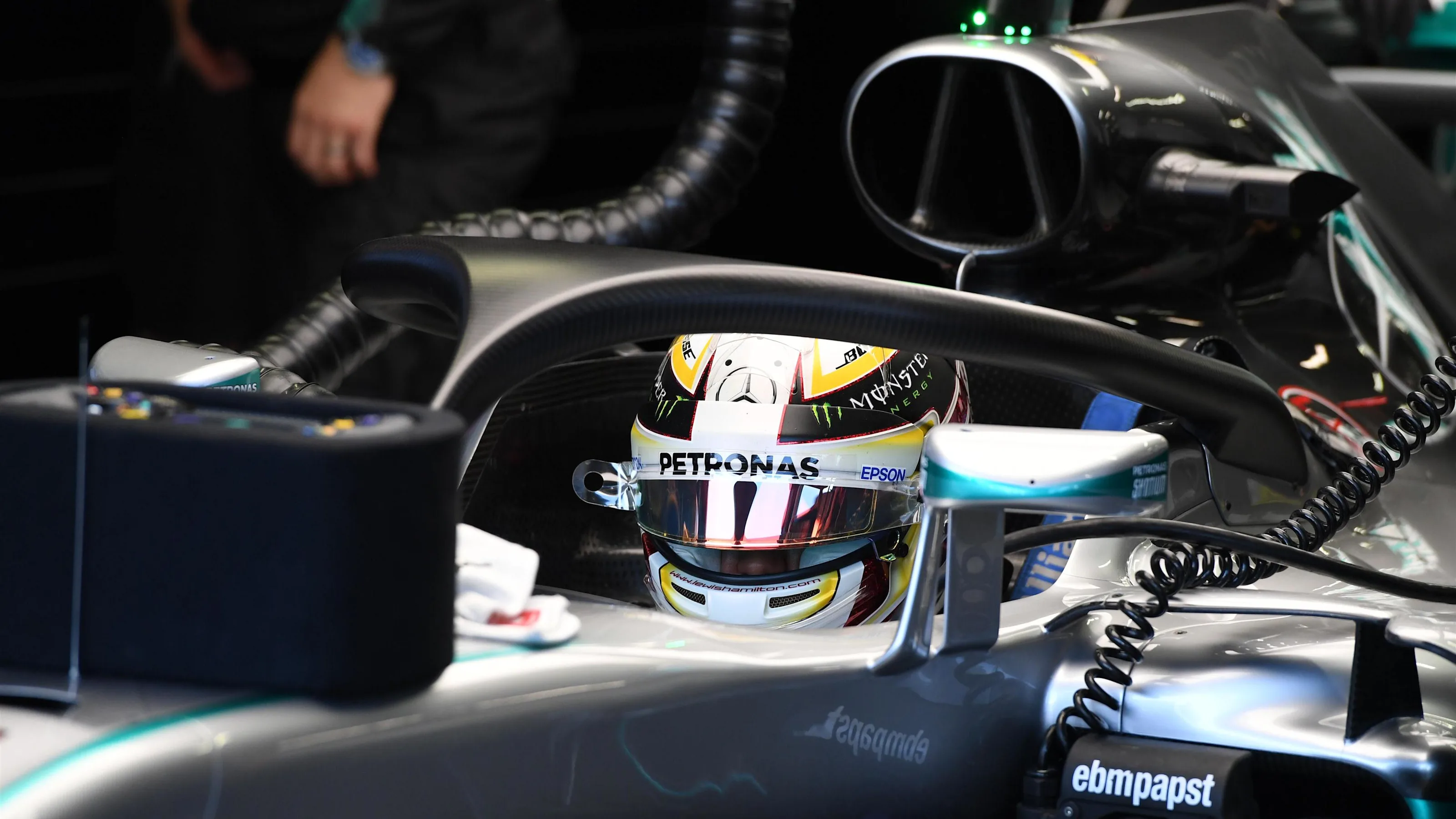 Lewis Hamilton (GBR) Mercedes-Benz F1 W07 Hybrid and halo at Formula One World Championship, Rd15,