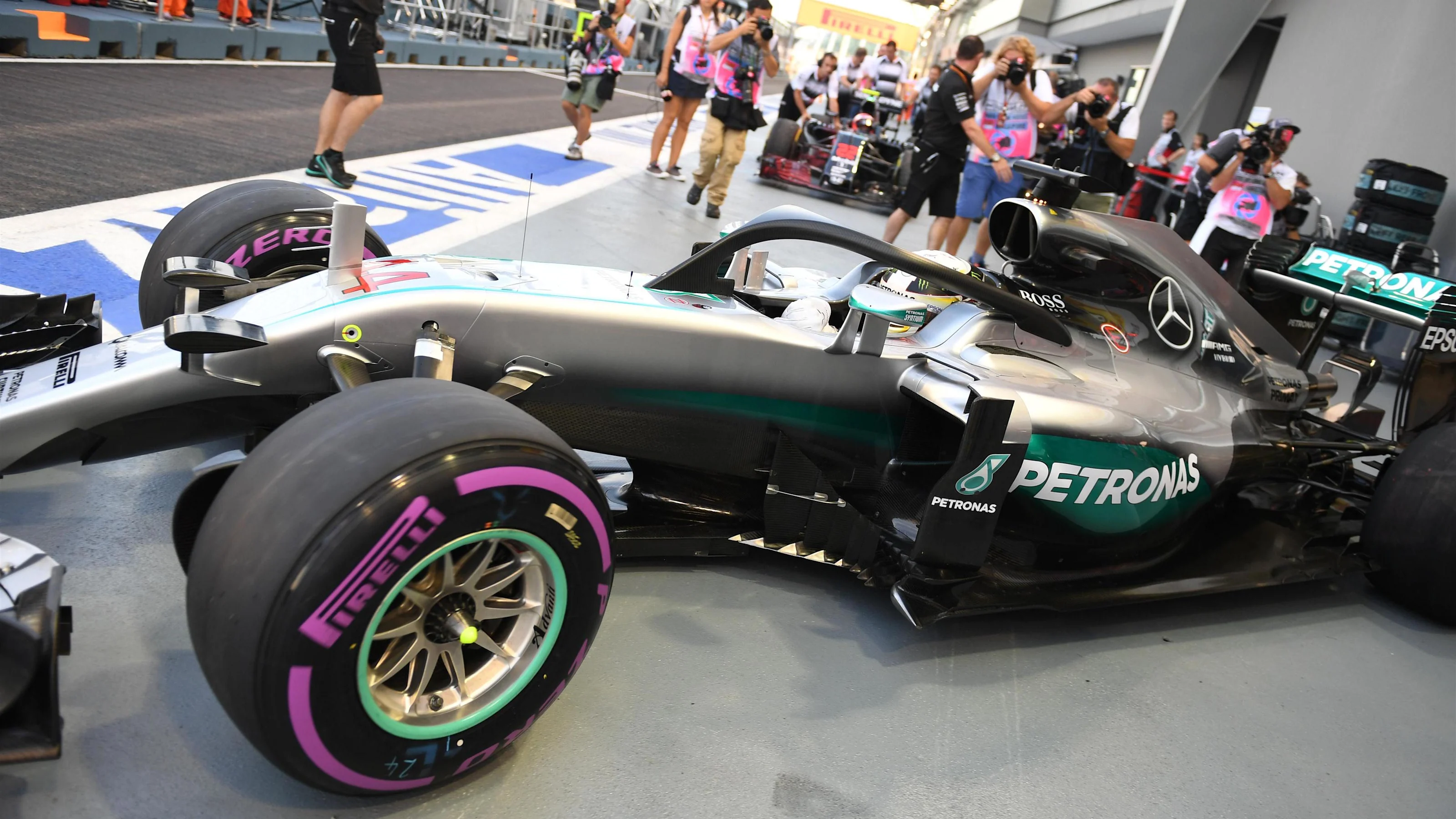 Lewis Hamilton (GBR) Mercedes-Benz F1 W07 Hybrid with halo at Formula One World Championship, Rd15,