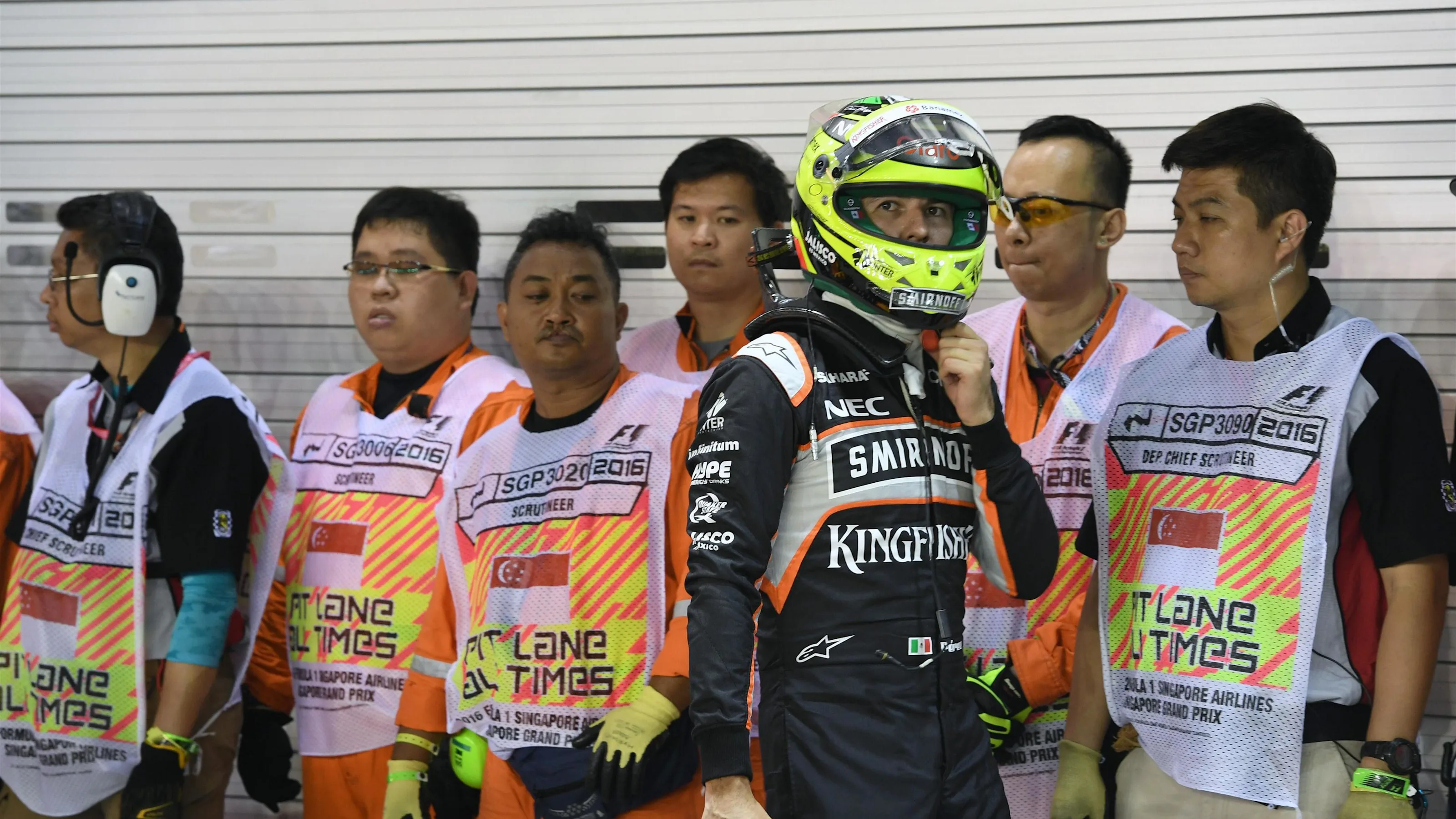 Sergio Perez (MEX) Force India in parc ferme at Formula One World Championship, Rd15, Singapore