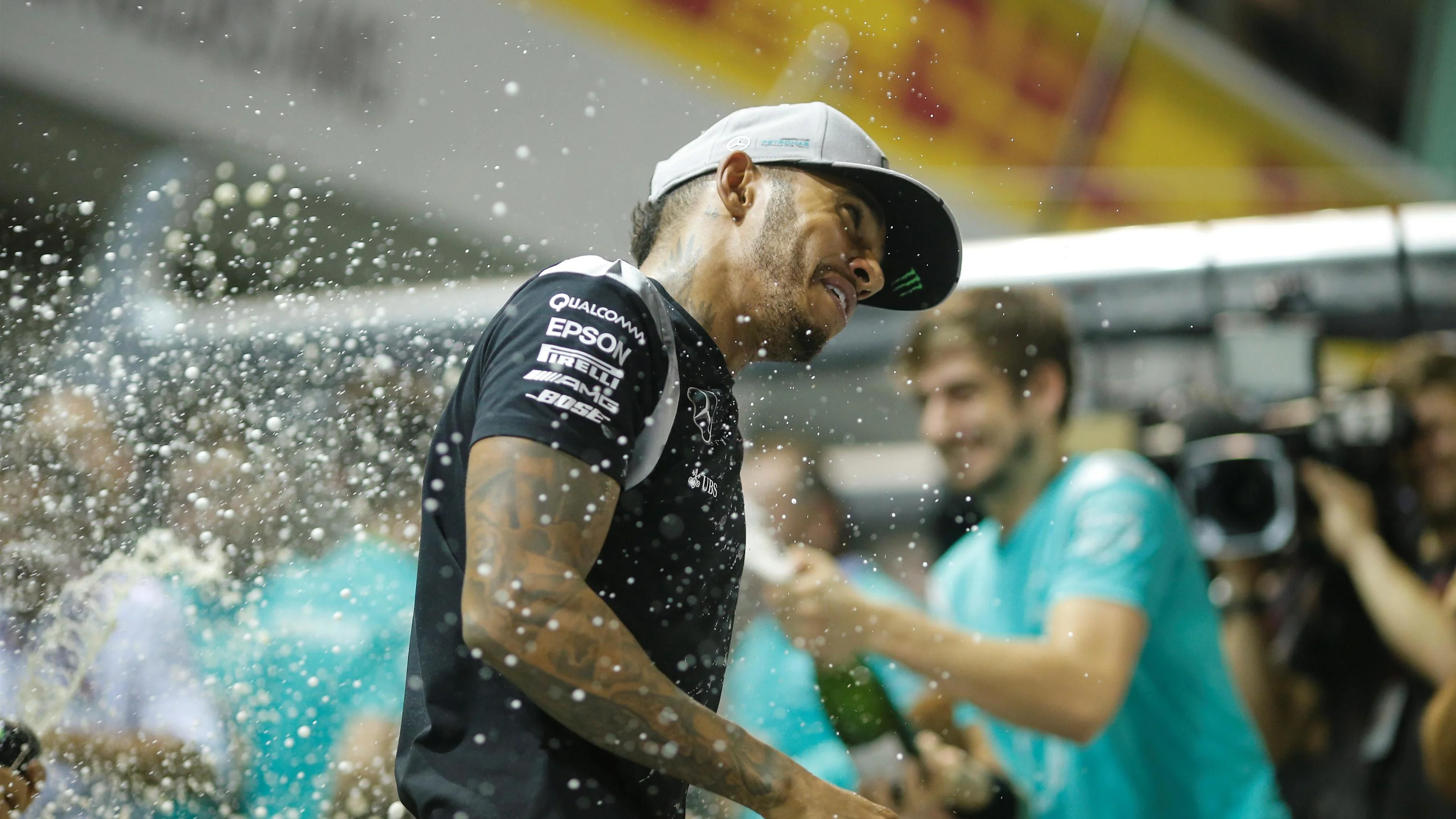 Lewis Hamilton (GBR) Mercedes AMG F1 celebrates with the team and the champagne at Formula One