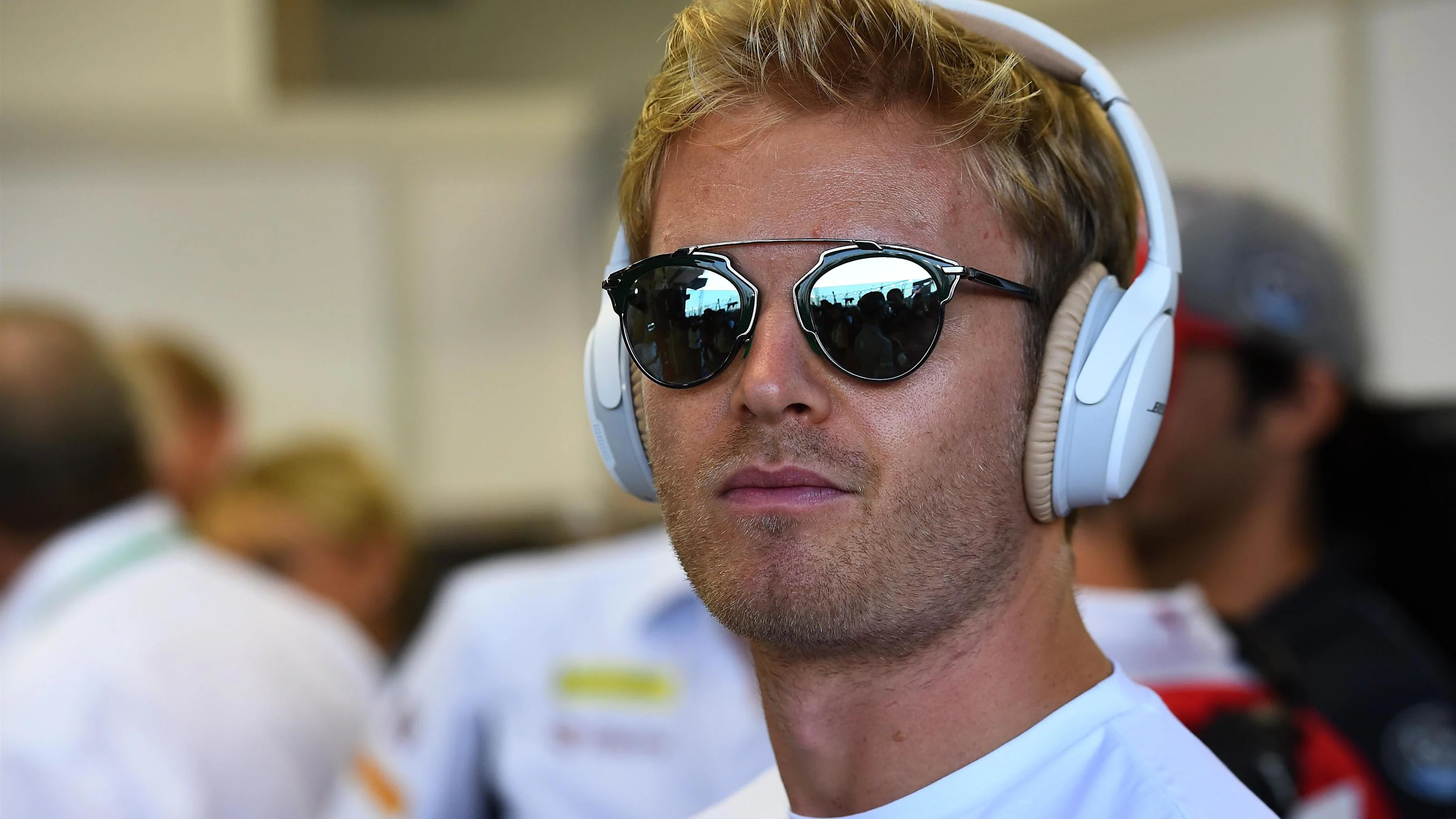 Nico Rosberg (GER) Mercedes AMG F1 with headphones on the drivers parade at Formula One World