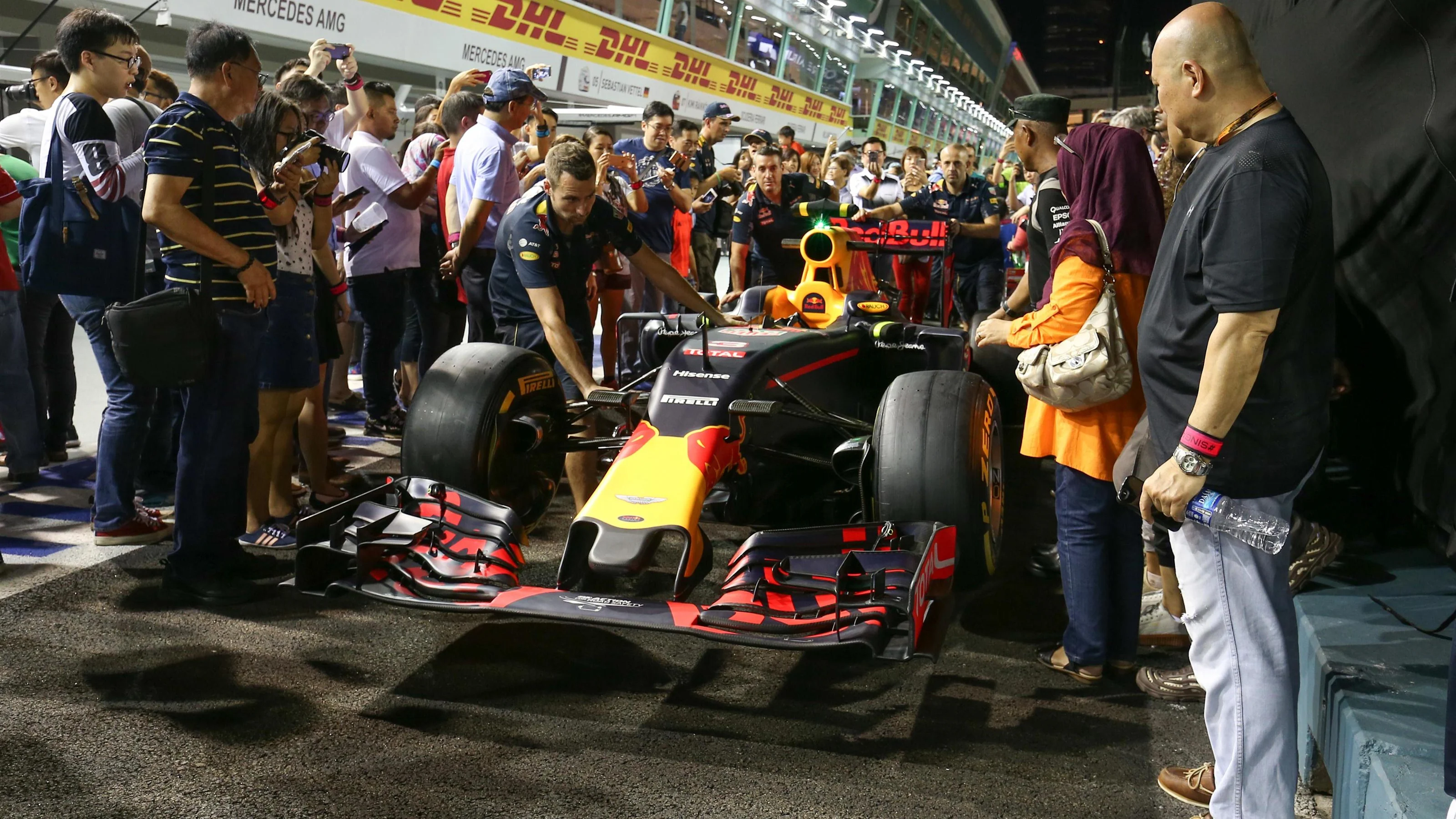 Fans and the Red Bull Racing RB12 at Formula One World Championship, Rd15, Singapore Grand Prix,