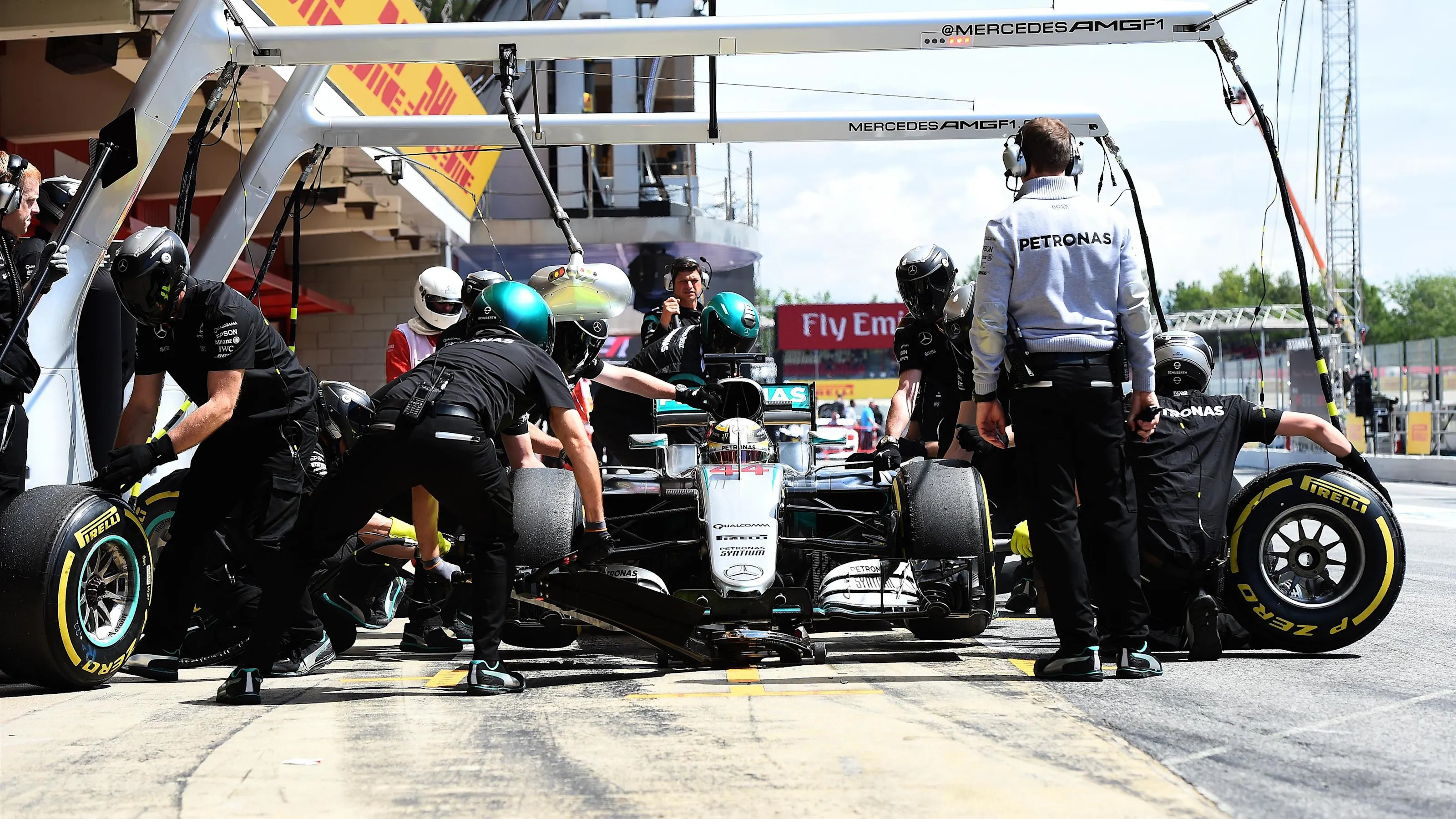 Lewis Hamilton (GBR) Mercedes-Benz F1 W07 Hybrid pit stop at Formula One World Championship, Rd5,