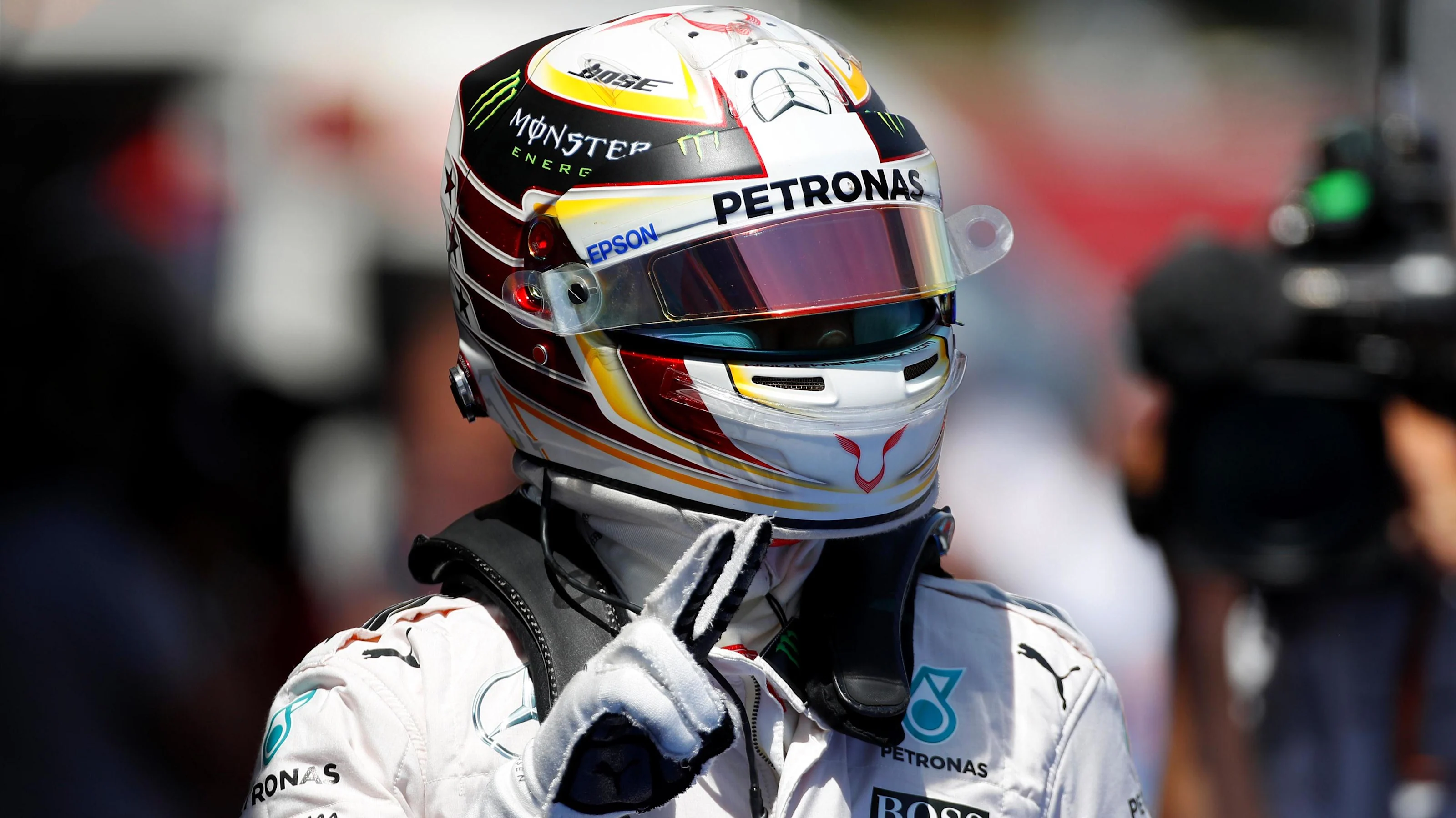 Pole sitter Lewis Hamilton (GBR) Mercedes AMG F1 celebrates in parc ferme at Formula One World