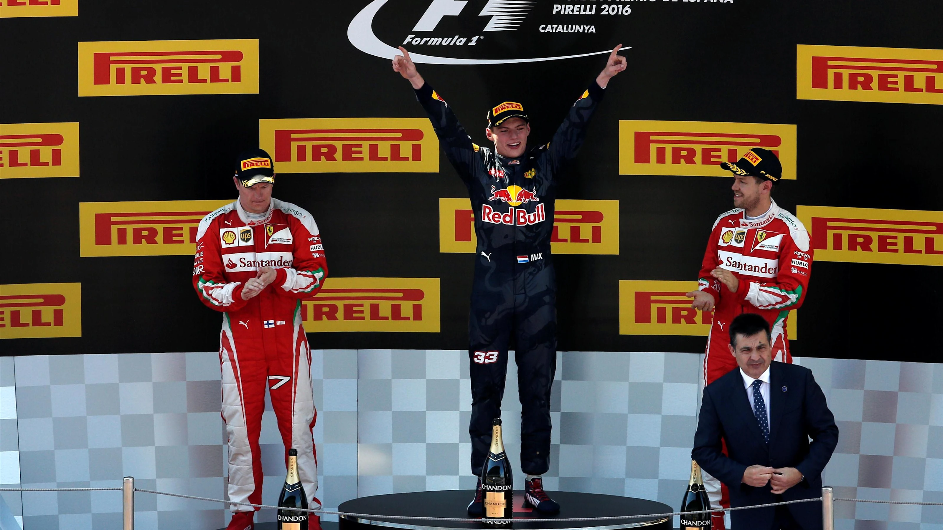 (L to R): Kimi Raikkonen (FIN) Ferrari, race winner Max Verstappen (NED) Red Bull Racing and
