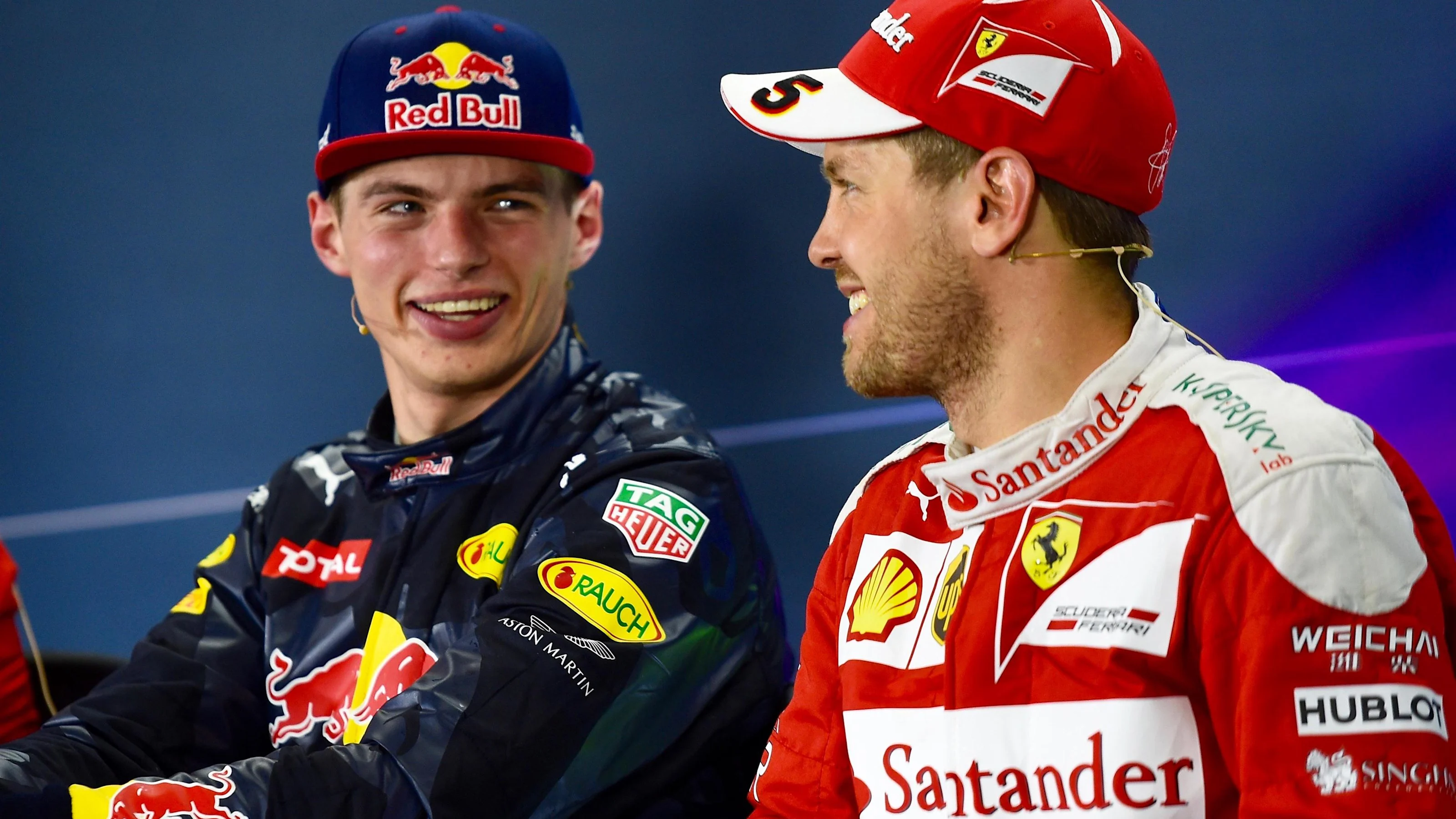 Max Verstappen (NED) Red Bull Racing and Sebastian Vettel (GER) Ferrari in the Press Conference at