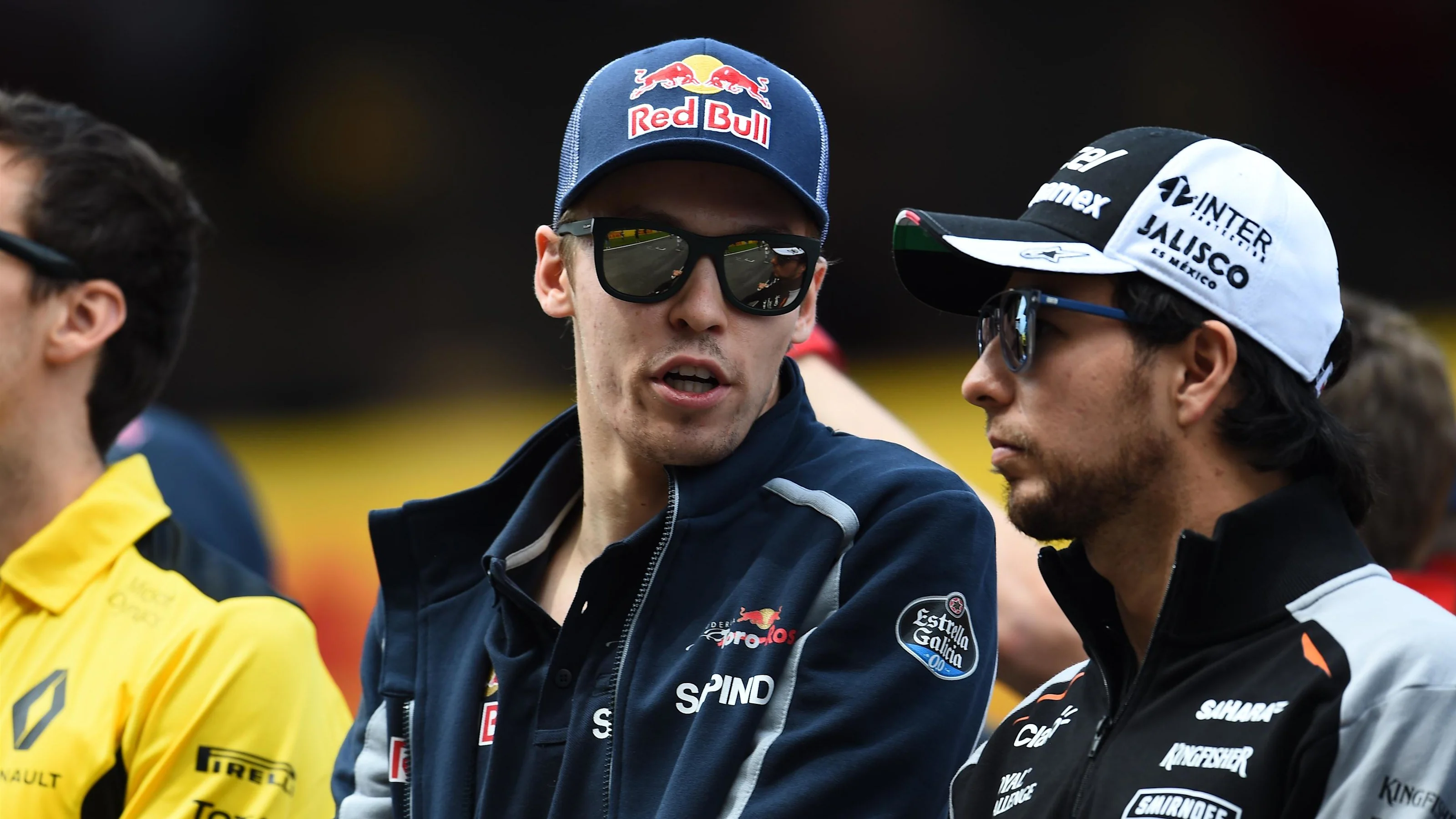 Daniil Kvyat (RUS) Scuderia Toro Rosso and Sergio Perez (MEX) Force India on the drivers parade at