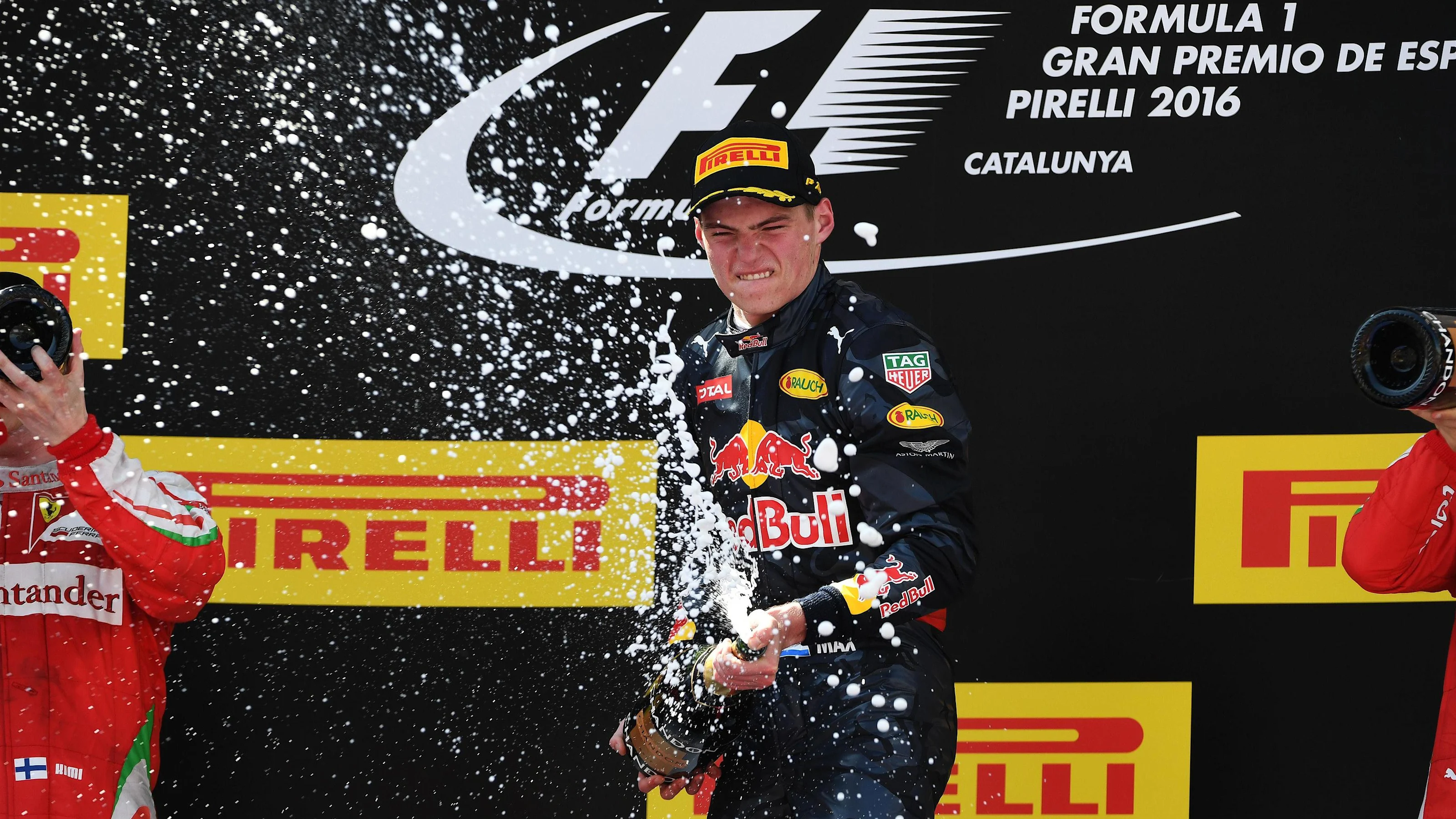 Race winner Max Verstappen (NED) Red Bull Racing celebrates on the podium with the champagne at