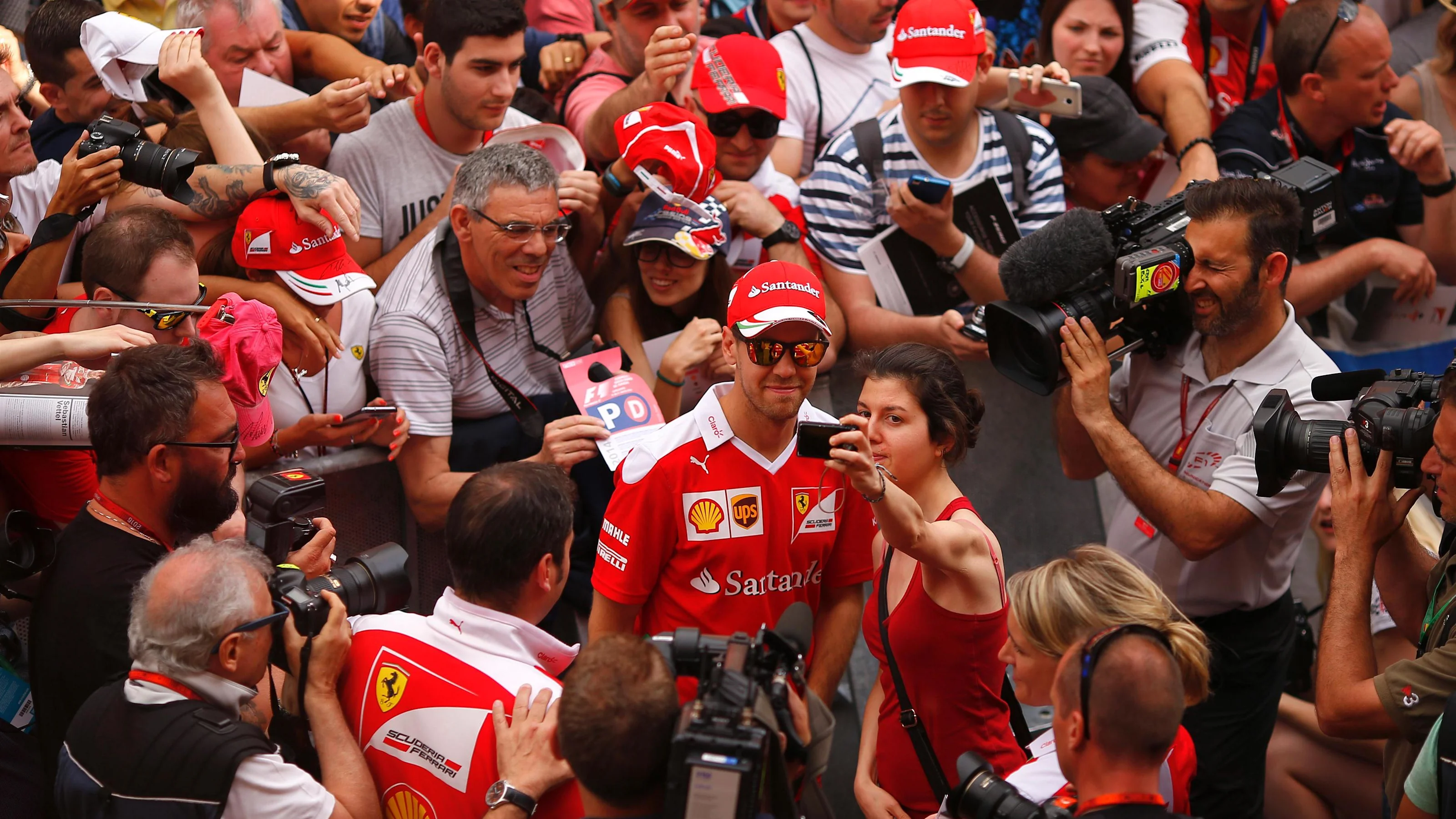 Sebastian Vettel (GER) Ferrari selfie with the fans at Formula One World Championship, Rd5, Spanish